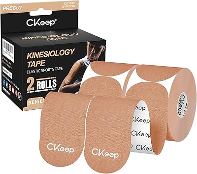 CKeep Kinesiology Tape, 2 Rolls Cotton Latex Free Hypoallergenic Elastic Precut Strips, 2 Inch Wide Waterproof Athletic Tape for Knees Pain Injuries Sprains, Beige