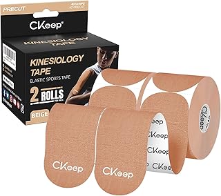 CKeep Kinesiology Tape, 2 Rolls Cotton Latex Free Hypoallergenic Elastic Precut Strips, 2 Inch Wide Waterproof Athletic Tape for Knees Pain Injuries Sprains, Beige
