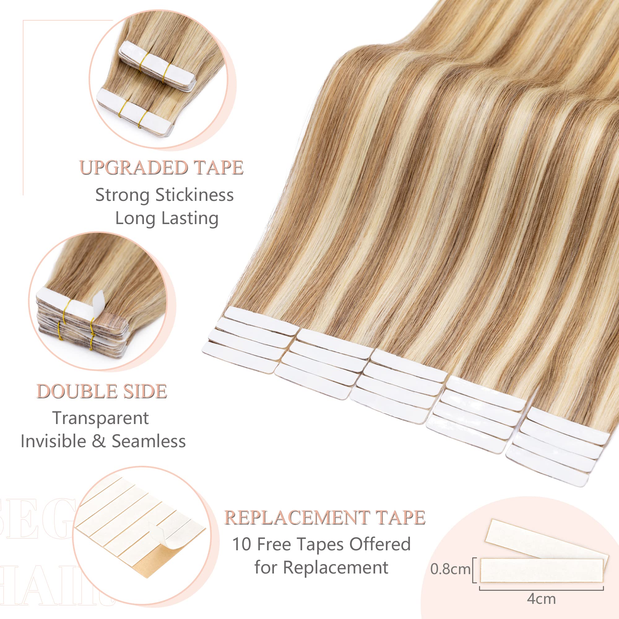 SEGO Extension Adhesive Cheveux Naturel - Extension Cheveux Humain Adhesif - Bande Adhesifs Extension Cheveux Adhesive Naturel - 60 CM 12P613#Brun Doré & Blond Blanchi [2.5g X 20 pcs]