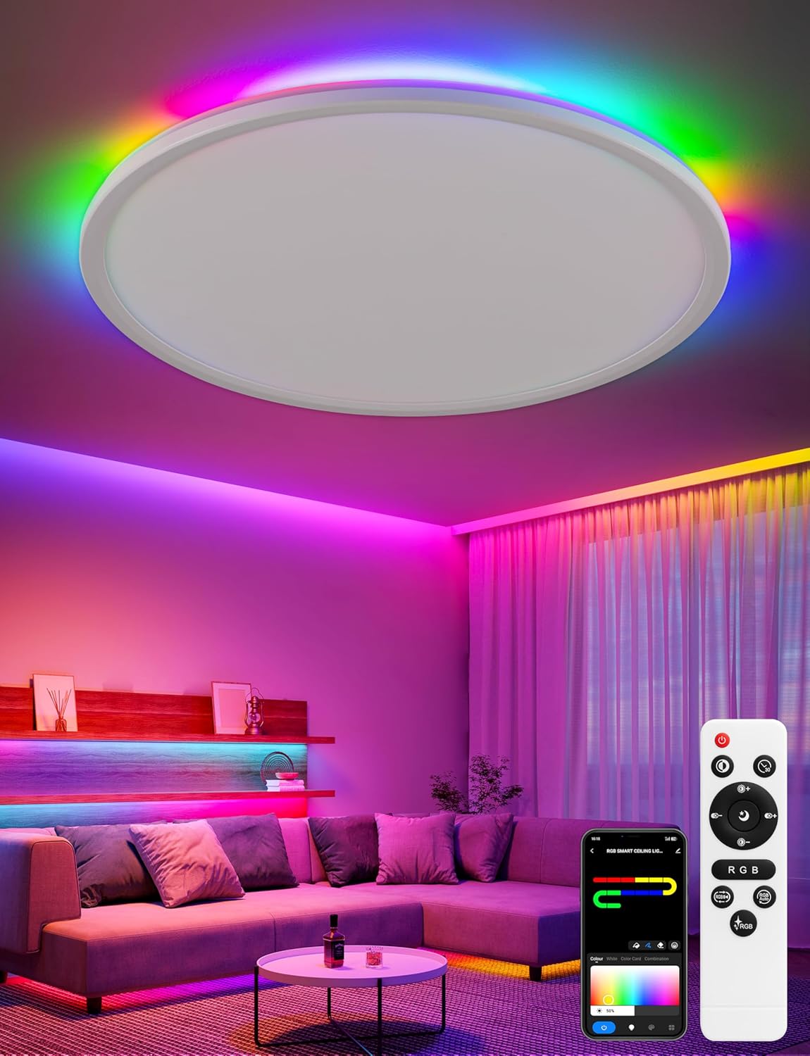 Smart Ceiling Light, RGB LED Flush Mount Ceiling Light with Remote，Ambient Lighting Fixture, 15 Inch 24W 2400LM 3000K-6500K, DIY Colors, Timer, White
