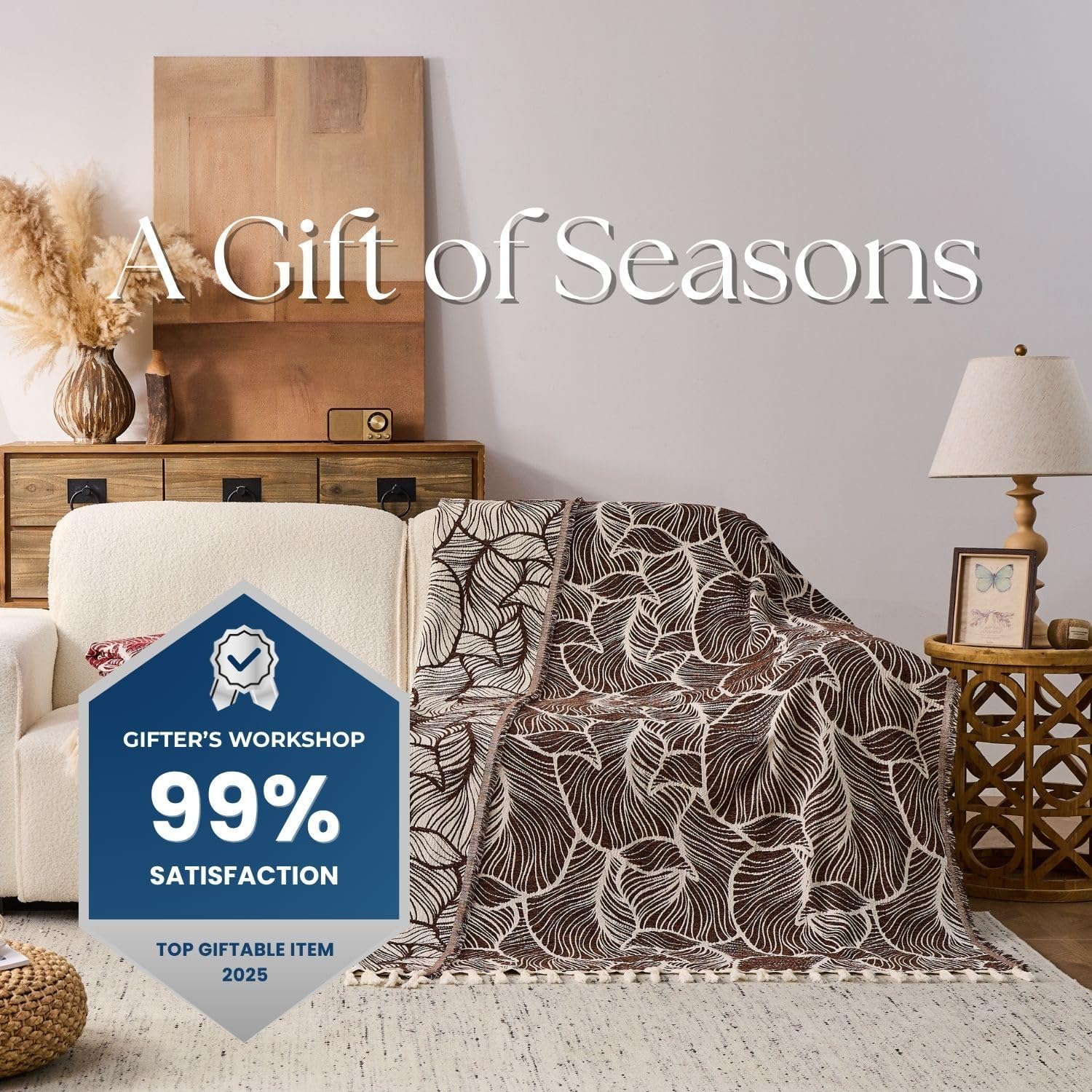 DOWN HOME Chenille Cotton Throw Blanket for Couch, Lightweight Boho Blanket for Bed Sofa Chair Living Room Outdoor Soft Woven Decorative Blanket with Tassel Gift Brown Leaves 50"x70"