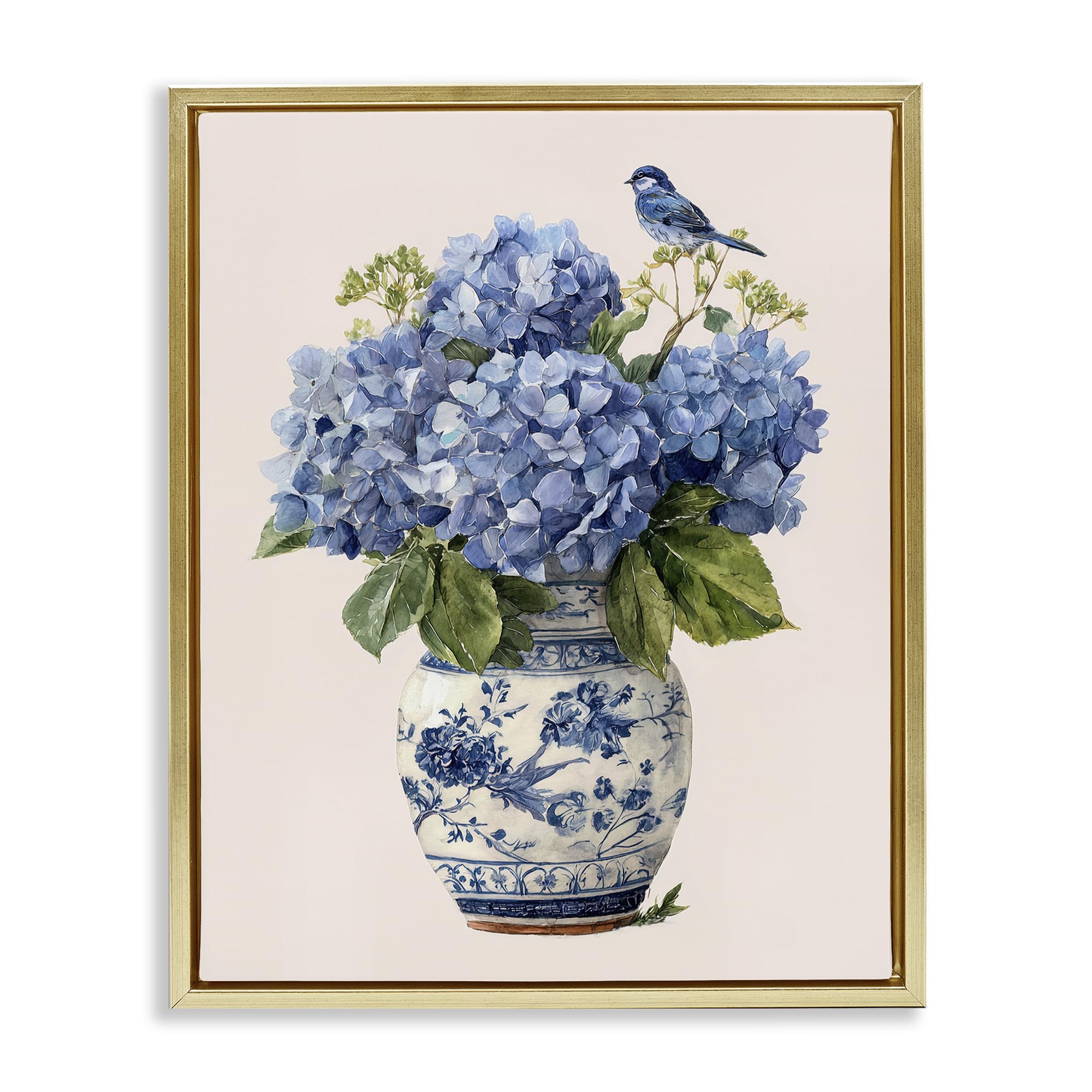 'Songbird Perched on Hydrangeas'| Floating Frame Canvas Art
