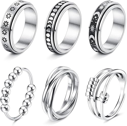 THUNARAZ Titanium Stainless Steel Anxiety Ring for Women Men Spinner Rings Fidget Ring Set 6-8mm Wide Stress Relieving Fashion Wedding Promise Band