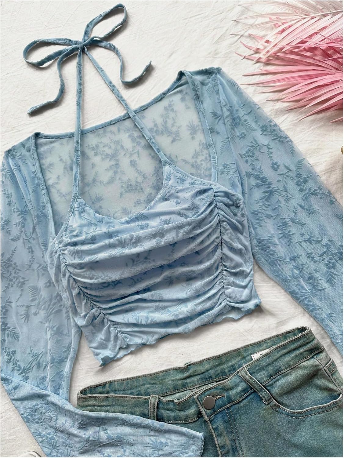 Floerns Women's Plus Size Floral Bell Sleeve T Shirts Halter Neck Ruched Y2k Crop Tops - Image 4