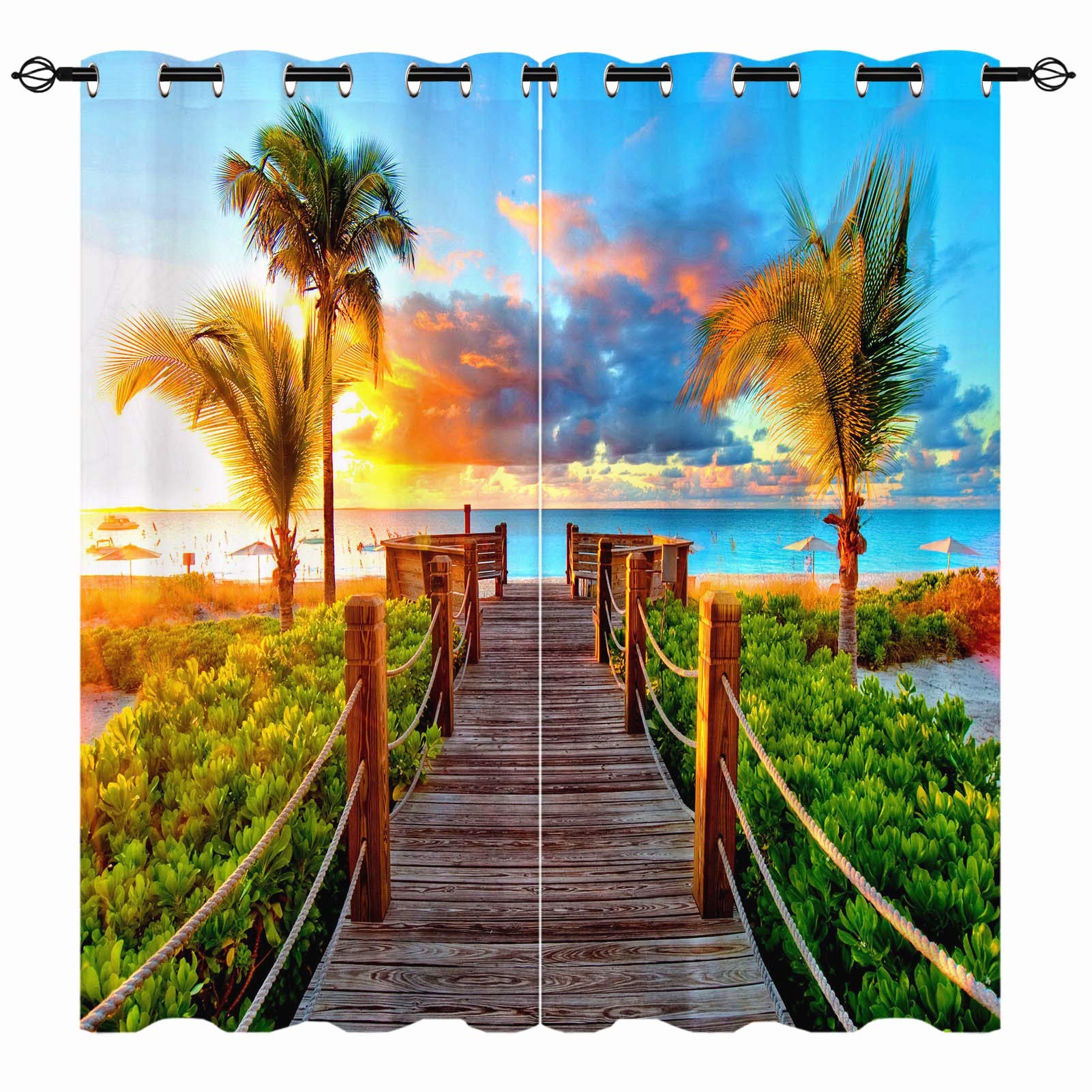 YUANZU Tropical Curtains, Beach Palm Trees Summer Hawaiian Sunset Landscape Scenery Print Pattern Eyelet Blackout Thermal Room Darkening Window Drapes for Bedroom Living Room 2 Panels W168cm x D137cm