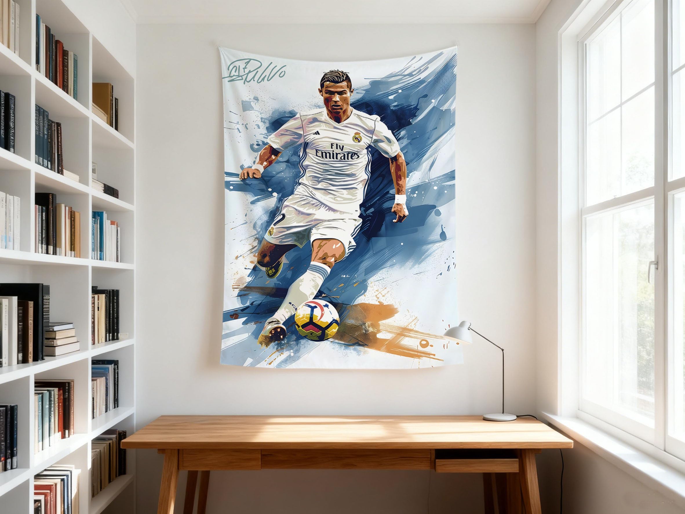 Cristiano Ronaldo World Cup Soccer Tapestry for Teens Fans - Single-Sided HD Fade-Resistant Print, Machine Washable Polyester, 4 Corner Grommets, Indoor Wall Decor for Bedroom/Living Room, 35.4x47.2 Inches (White) — view 7
