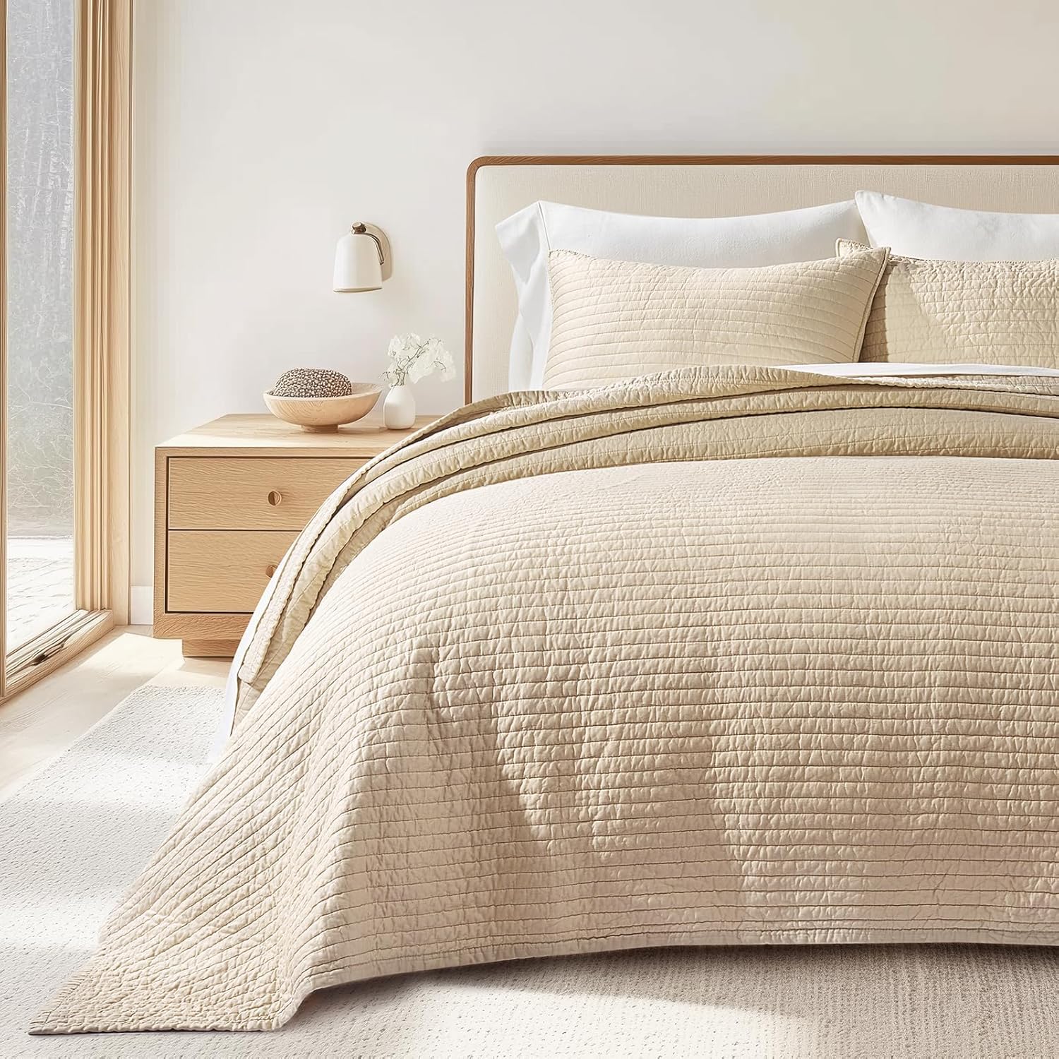 EVERGRACEHOME Cotton Sateen Quilt Set King Size, Pre-Washed Cotton Channel Stitch Coverlet Bedspread, 3 Pieces Lightweight Soft Bedding Sets for All Season, with 2 Pillow Shams, Light Sand