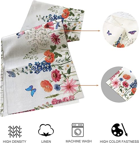 Miniatura 6 de TQFZP Juego de 6 manteles individuales y camino de mesa con flores de primavera, diseño floral de acuarela, juego de tapetes de comedor de lino de