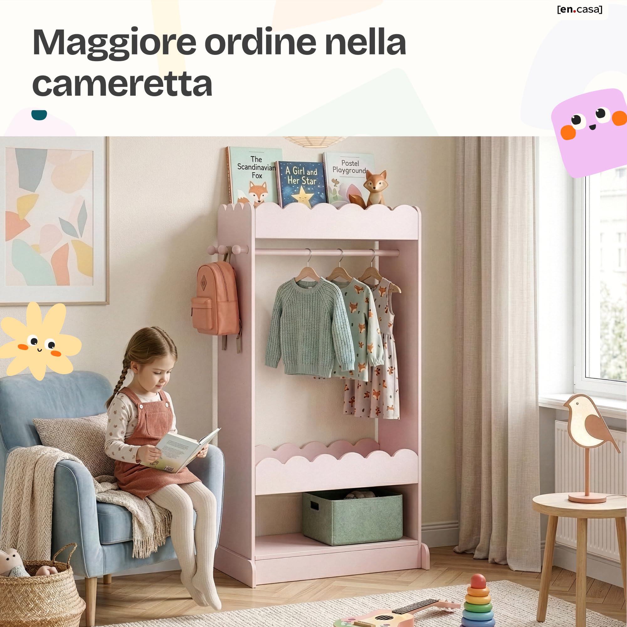 [en.casa] Armadio Guradaroba per Cameretta con Specchio Ovale Asta Appendiabiti e 2 Ripiani Vano Porta Oggetti Vestiti Scarpe a Misura di Bambini 120 x 63 x 38 cm - Rosa