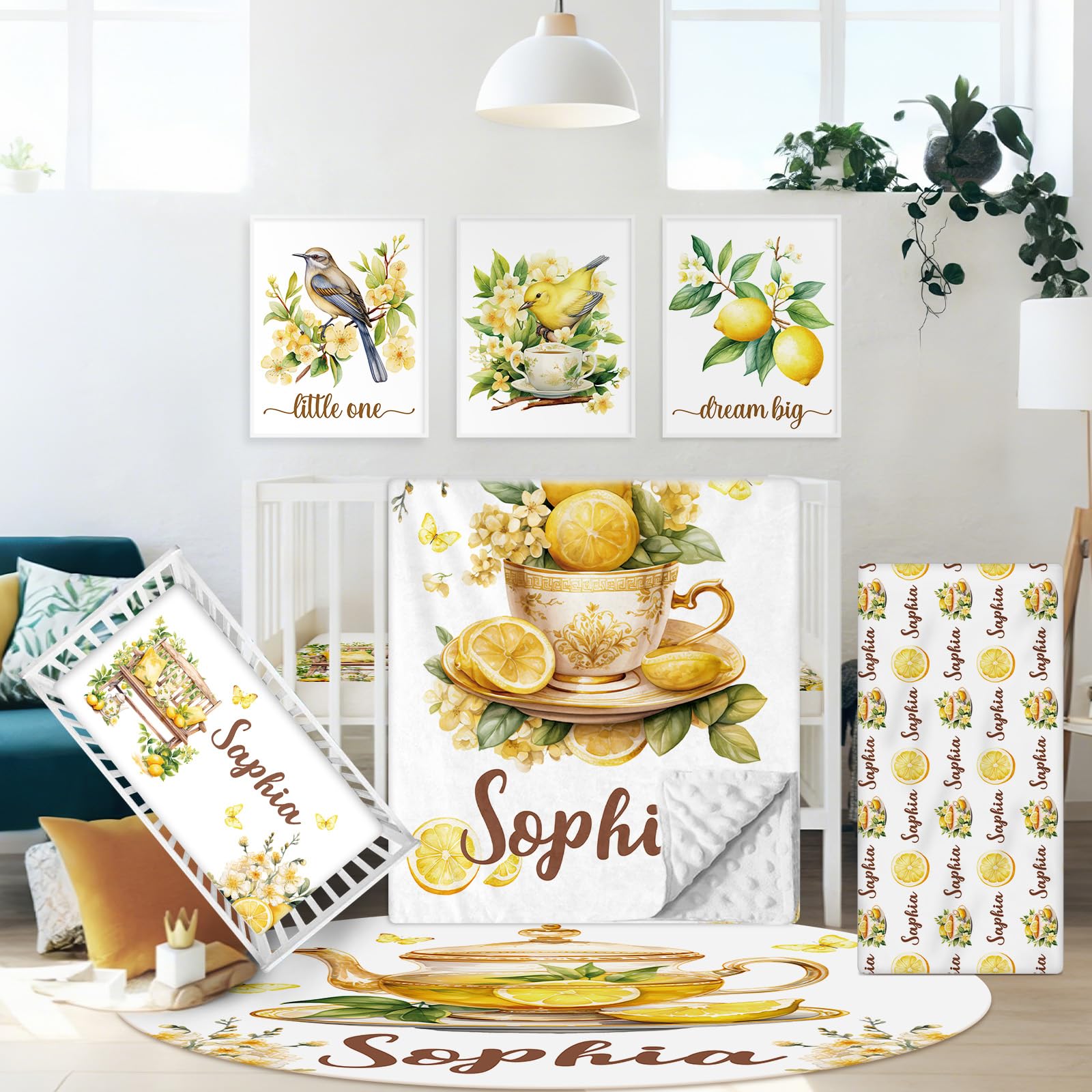 Hatchaa Personalized Crib Bedding Set with Name, 5 Pcs Custom Baby Crib Set for Boys Girls, Lemon Yellow Bird Theme Baby Bedding Set, Double Layer Nursery Bedding Sets for Toddlers Infants