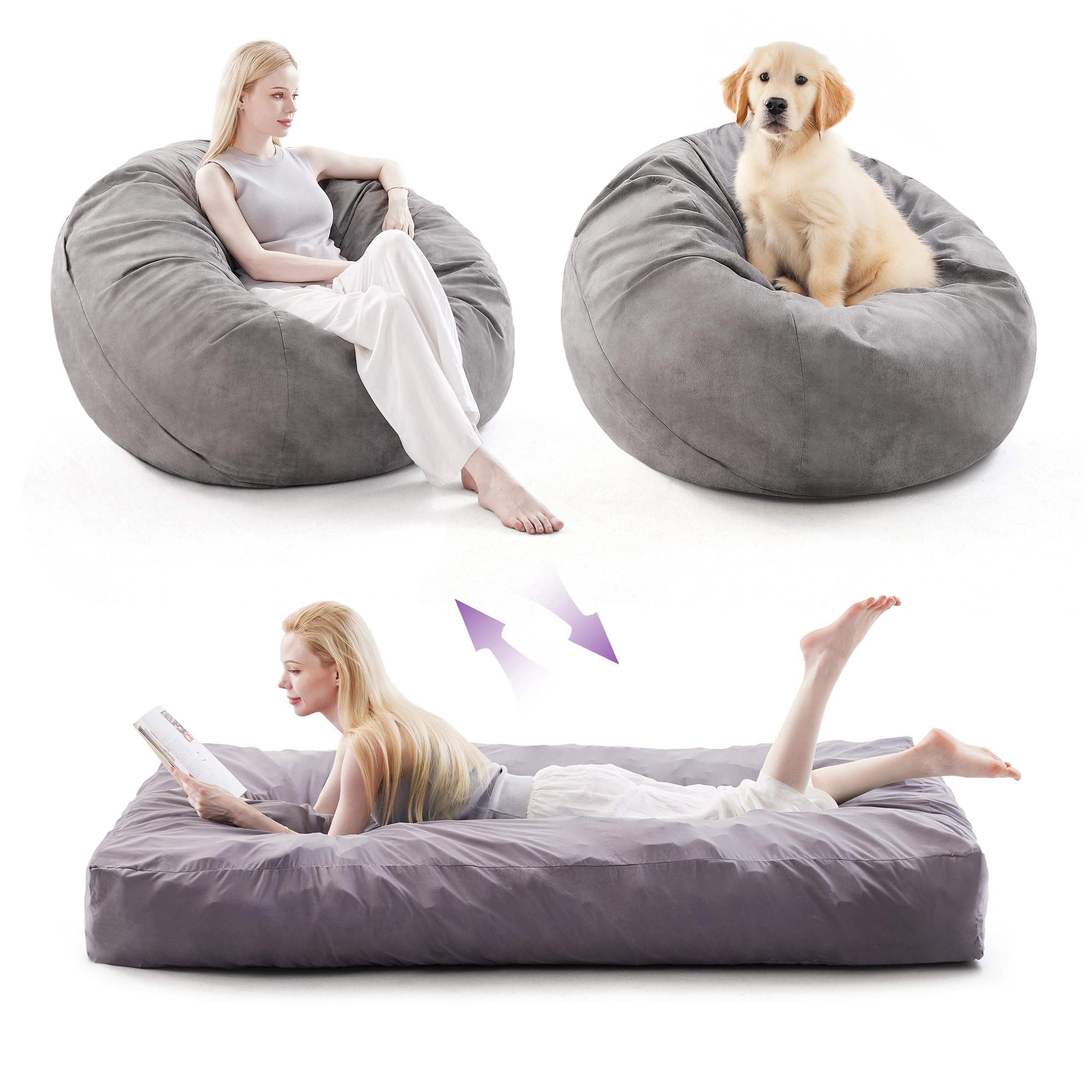 AYEASY Giant Bean Bag Chair Bed for Adults, Convertible Beanbag Chairs to Floor Mattress Bed, Large Bean Bag Lazy Chair with Memory Foam, Big Bean Bag Couch Sofa Bed for Dorm, Living Room(Grey, Full)