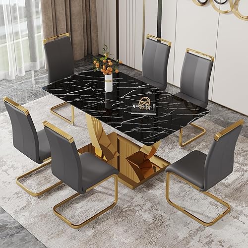 Miniatura 71 de Juego de mesa de comedor para 4, 63 pulgadas, juego de mesa de comedor de vidrio templado negro para 4 personas con sillas de poliuretano, moderno