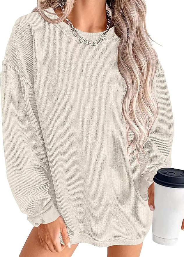 KISSMODA Women's Casual Long Sleeve Sweatshirt Color Block/Solid Crewneck Corduroy Pullover Cute Tops