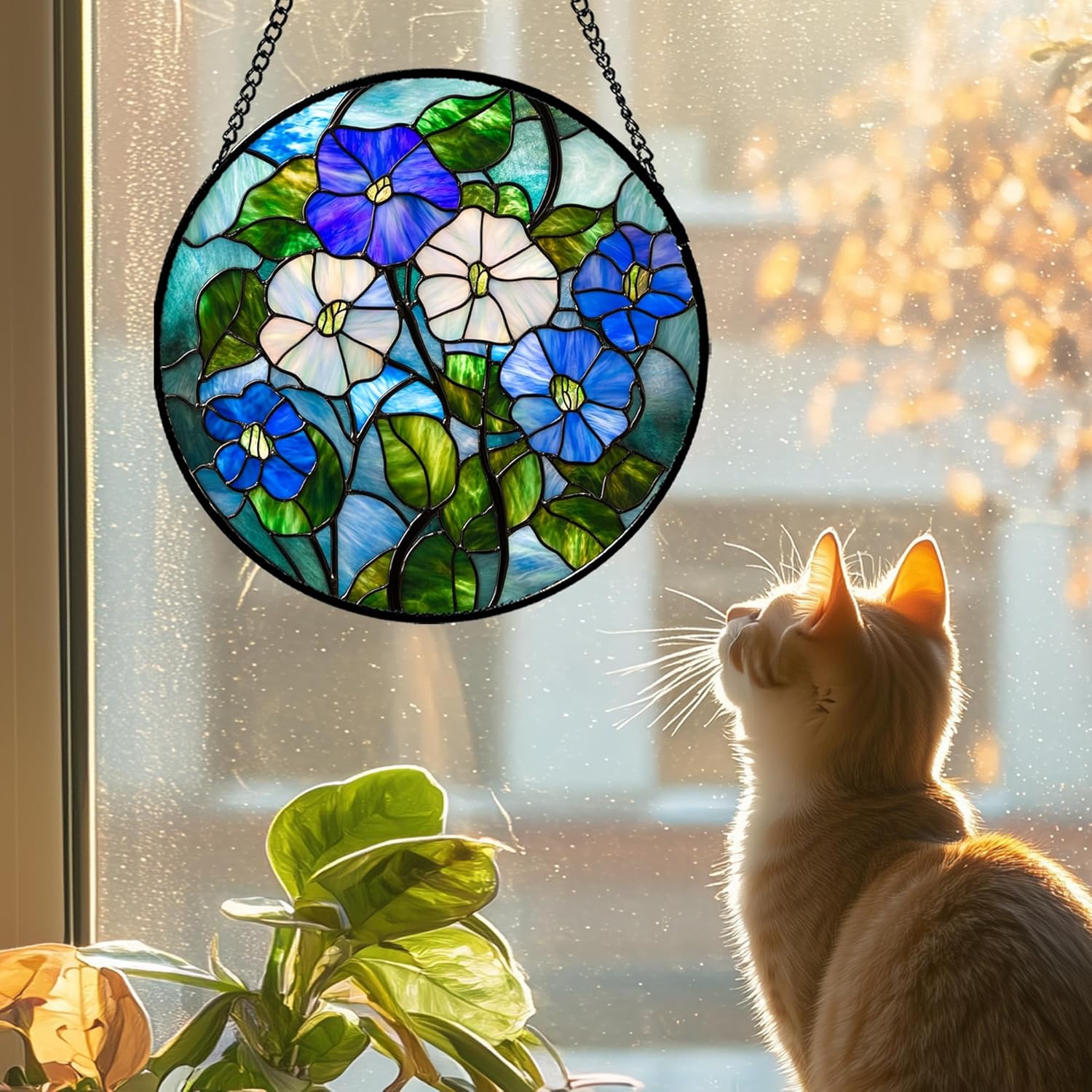 Stained Glass Window Hanging - Blue White Morning Glory Birth Flower Suncatcher for Door Garden Yard Sun Catchers Decor Christmas Mother's Day Birthday Gifts for Women Mom Nana Friend 9.8 in