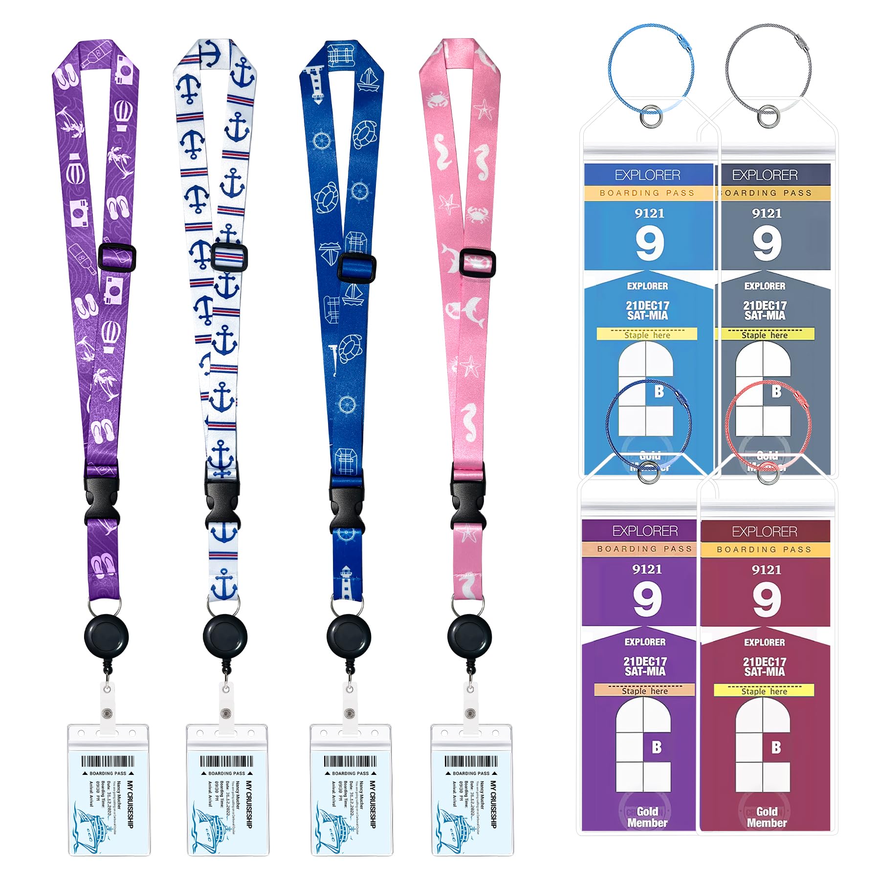 Vzrflee 4 Pack Cruise Lanyards Retractable Cruise Lanyard for Cruise Ship Cards with Waterproof ID Holders, Luggage Tags and Holders Cruise Essentials Carnival Cruise Lanyard for All Cruises