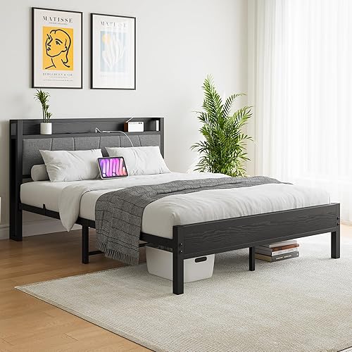 Miniatura 3 de BOFENG Base de cama Queen con cabecero, base de cama tapizada de metal con estación de carga, marco de cama tamaño Queen con almacenamiento, no