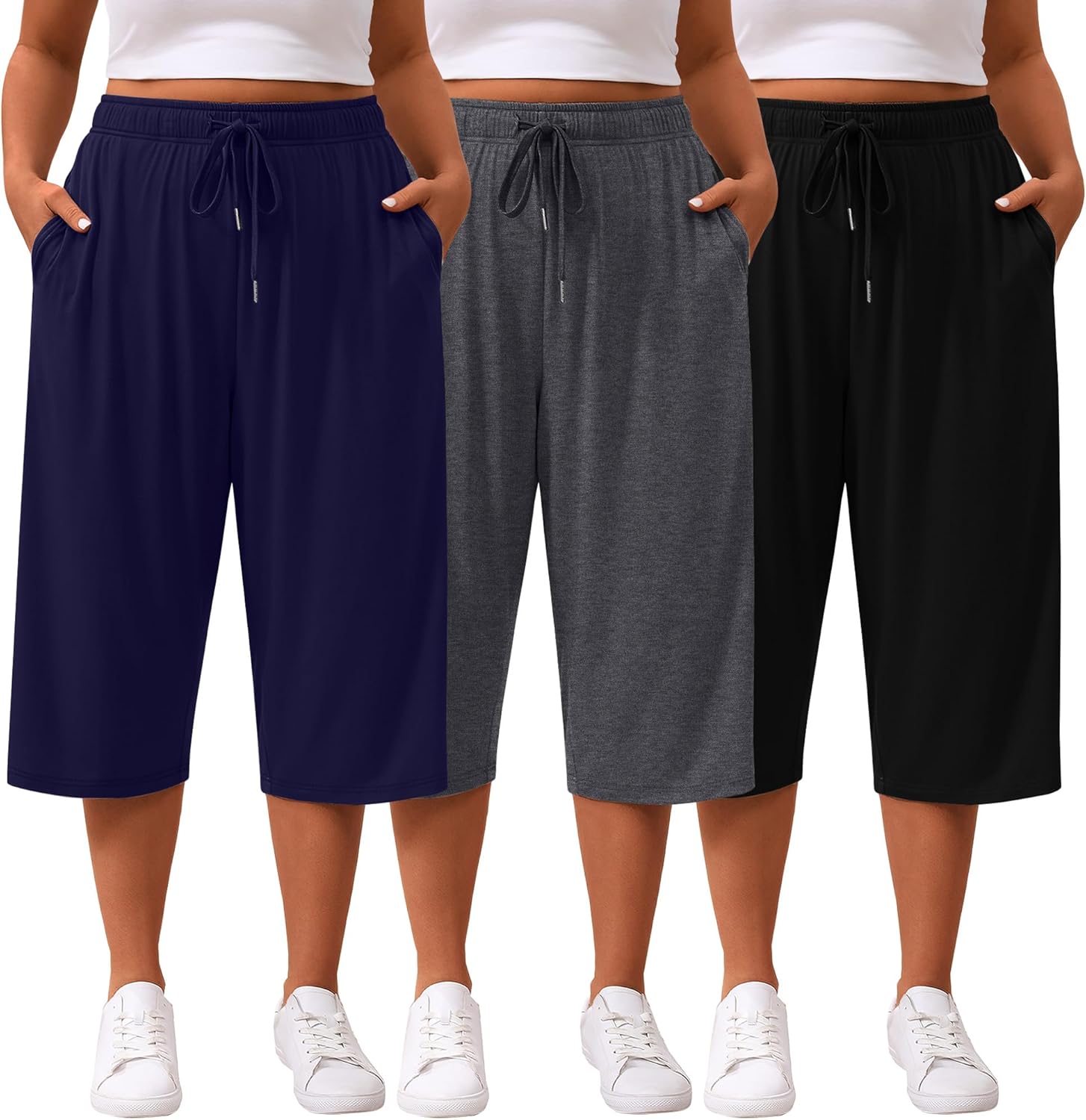 3 Pack Women's Plus Size Capris Loose Fit Wide Leg Yoga Cropped Pants Lounge Workout Sweatpant with Pockets