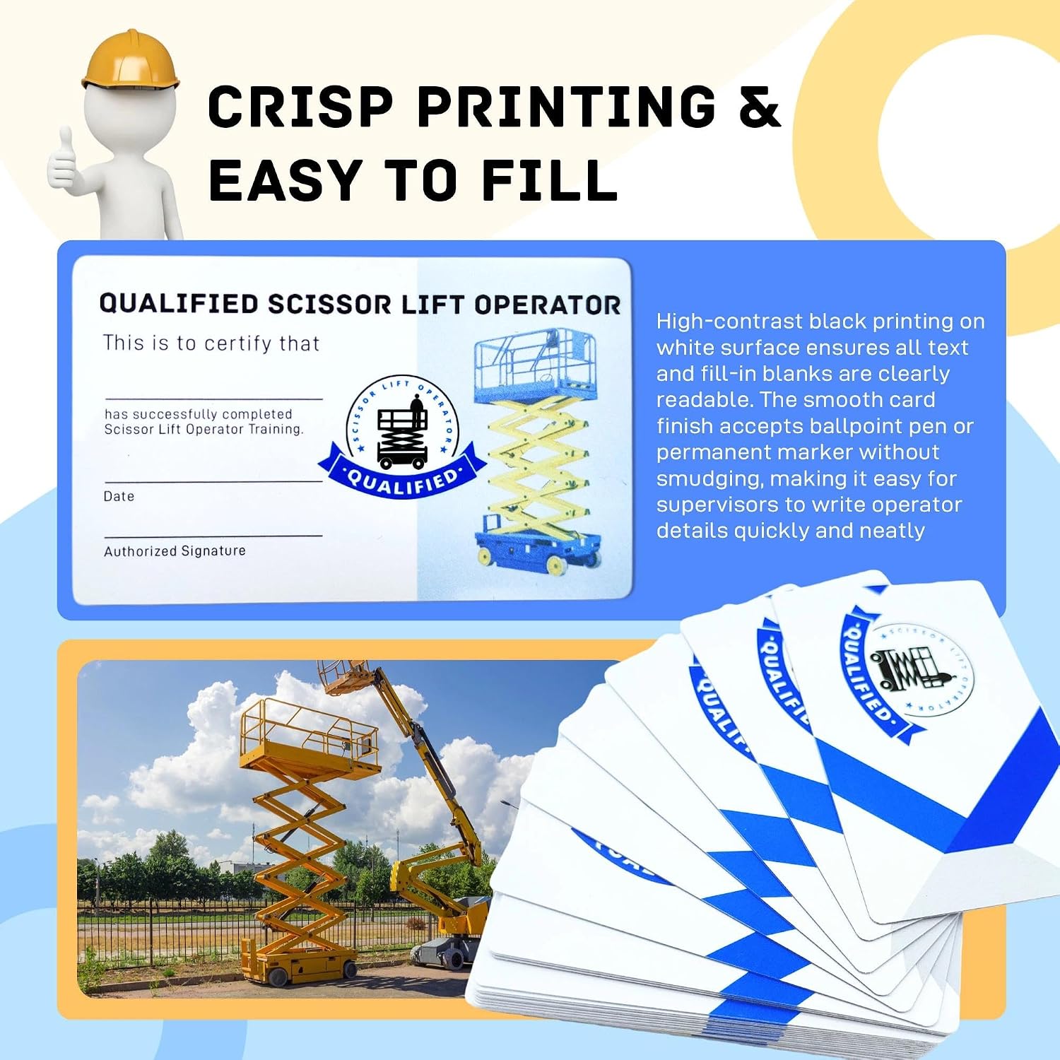 50-Pack Aerial Lift Operator Safety Training Cards - Durable PVC Wallet Card for OSHA Training, Fill in Name & Checklist for Scissor Lift, Boom Lift, MEWP Operators, 3.5"x2.25"