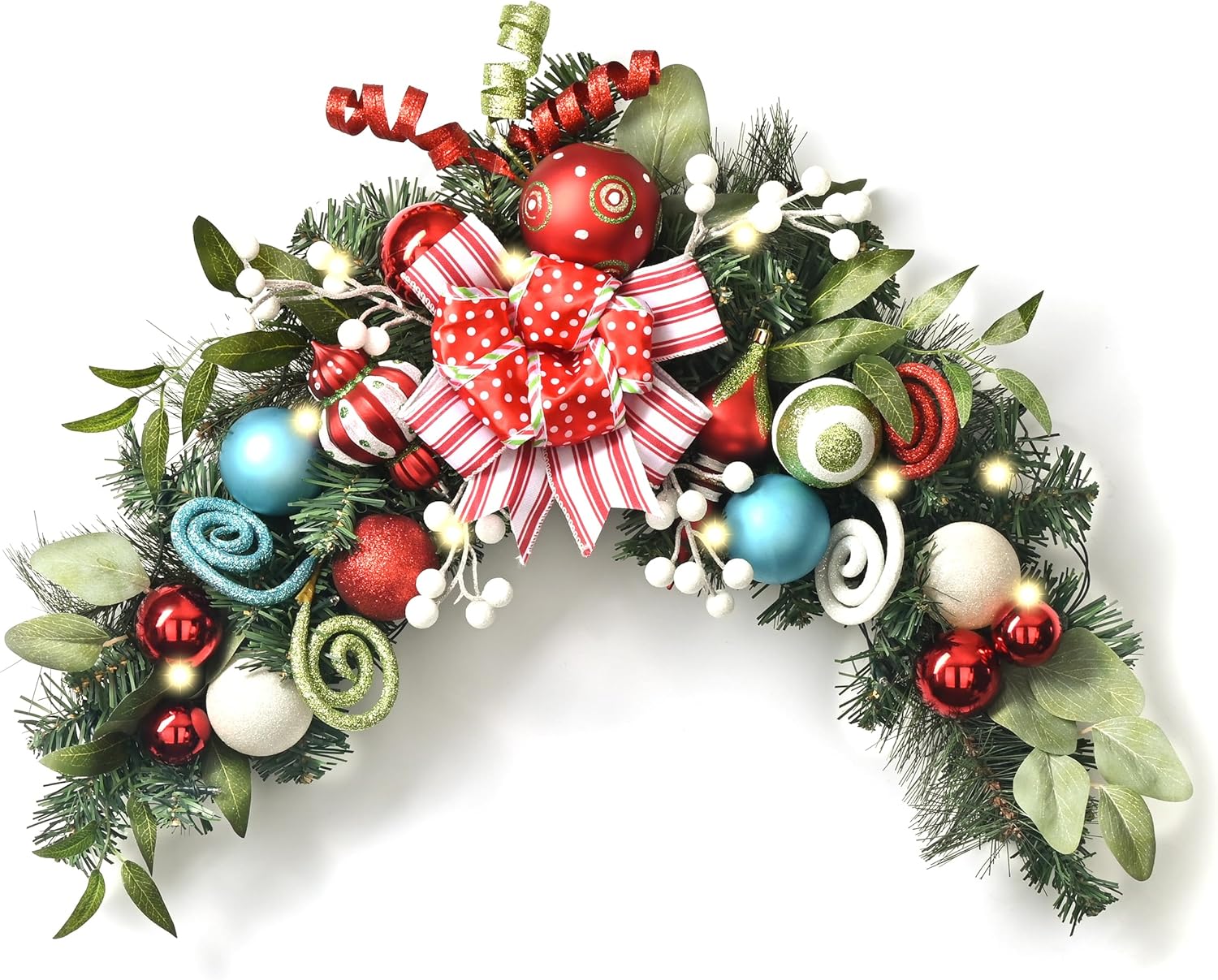 Valery Madelyn Pre-Lit Christmas Swag for Decorating Outdoor, 24 Inch Elf Red Green Mailbox Swag Decoration Teardrop with 20 LED Lights, Ball Ornaments for Front Door Stairway Window Shelf Xmas Decor