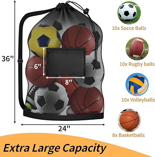Miniatura 2 de Bolsa de malla extra grande, bolsa de almacenamiento con cordón resistente, 24 x 36 pulgadas, capacidad para 8-10 unidades, para fútbol, baloncesto,