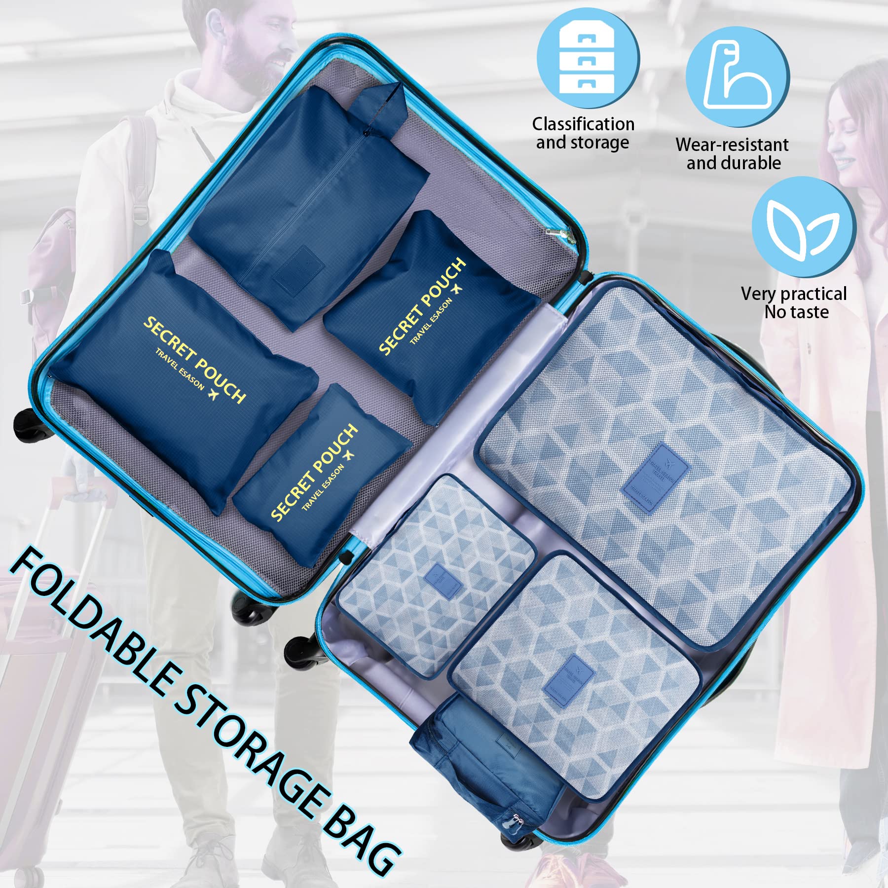 Coolzon Organizer Valigie Viaggio Set 8 Pezzi set, Cubi di Imballaggio Organizer Valigia Perfect Storage Travel Luggage Organizer per i vestiti,Cosmetici,Scarpe,Intimo, Blu Navy