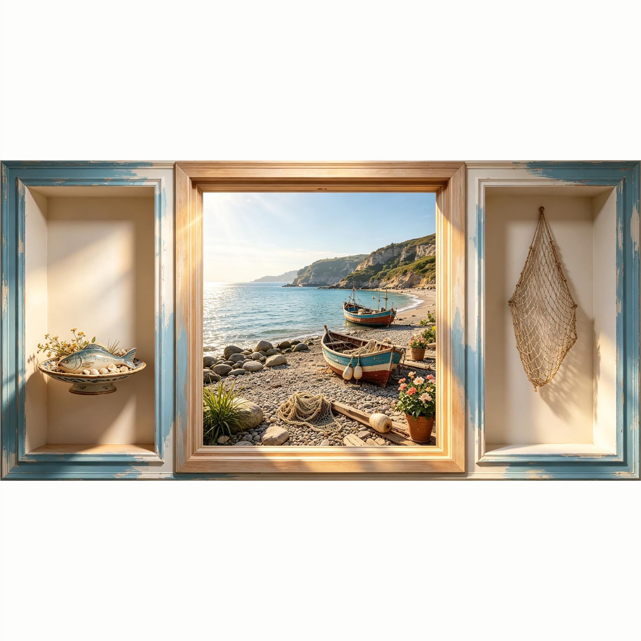 QZLITHOTIC 50x100cm 3D Framed Wall Art， Coastal Seaside Fishing Boat Landscape SelfAdhesive Mural， WaterActivated Peel & Stick Fabric Decor Wall Decal for Bedroom Living Room