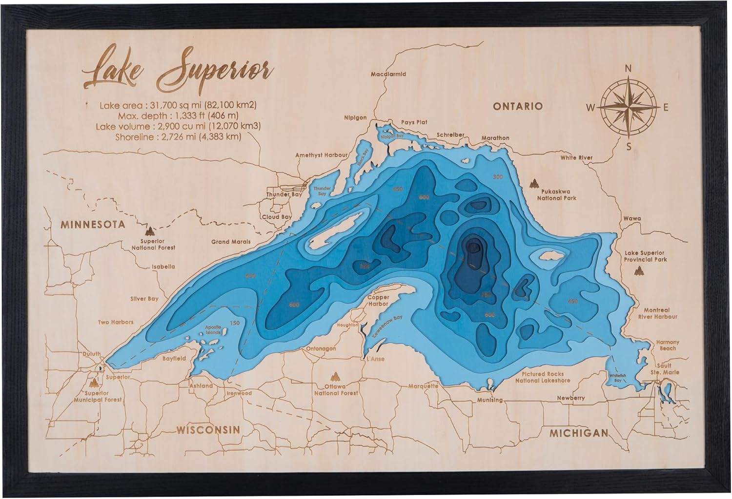 Personalized 3D Lake Superior Wood Map | Lake Depth Map Art | 9-Layer Nautical Decor | Rustic Wall Art for Lake House, Cabin | Gifts for 5th Anniversary, Father’s Day, Christmas, Housewarming
