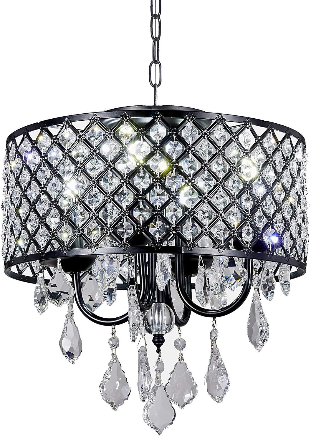 New Galaxy 4-Light Antique Black Round Metal Shade Crystal Chandelier Pendant Hanging Ceiling Fixture