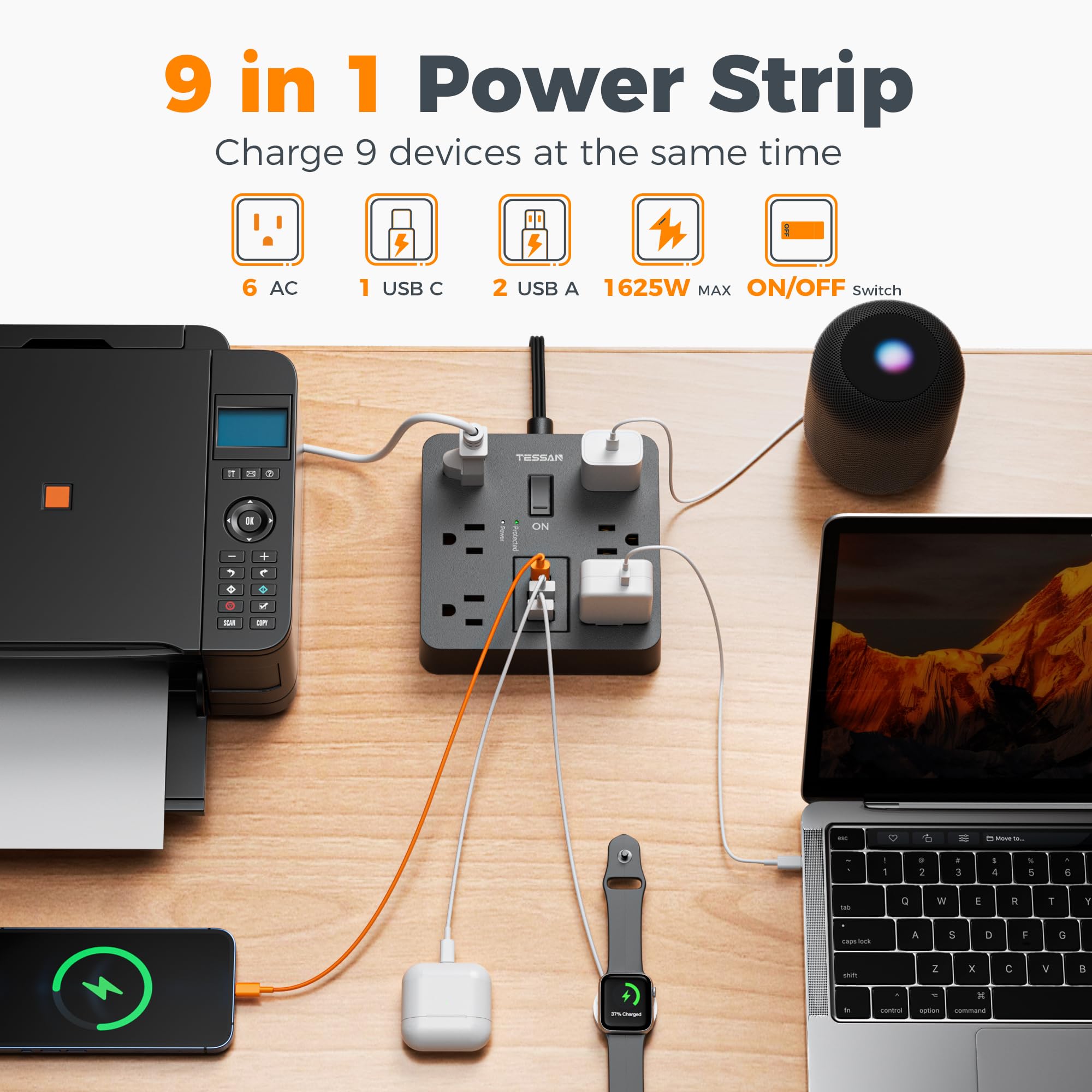 TESSAN 1700J Surge Protector Power Bar – 12 AC Outlets With 6 Individual Switches, 6ft Flat Extension Cord, Wall-Mountable, Overload Protection, For Home Office & Dorm