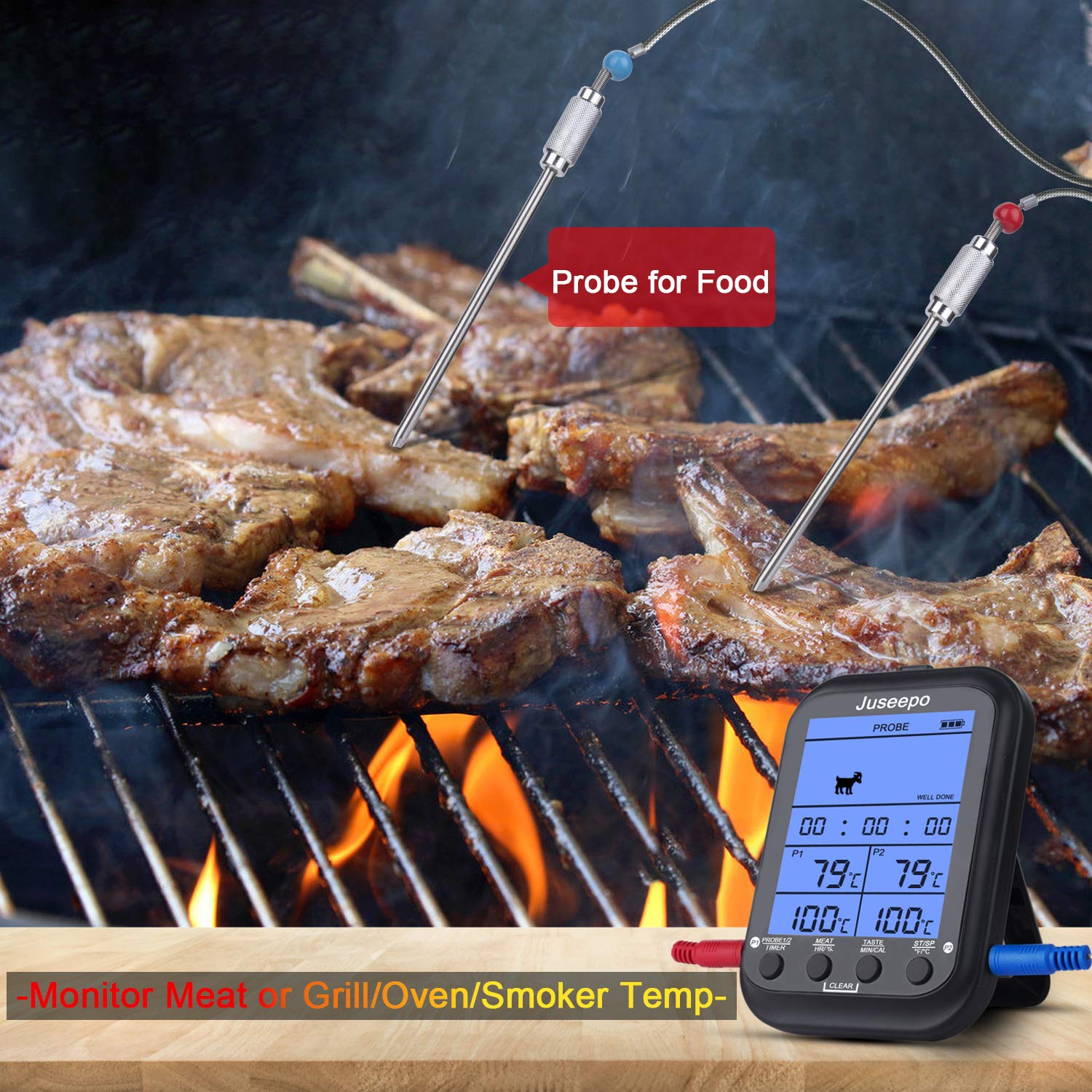 review Juseepo Dual Probes Digital Cooking Meat Thermometer, Best for Cooking and Large LCD Backlit Kitchen Food Thermometer with Timer Mode, Suitable for Sugar, Frying, Steak, Turkey, Oven, and BBQ