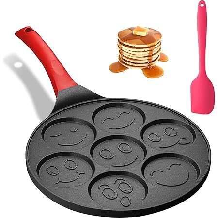 Amazon フライパン パンケーキプレート 7ヶ焼 ガス火専用 ふっ素加工 朝食ポット 絵文字 ホットケーキ 目玉焼き クレープ スマイリーパンケーキパン Ih非対応 Takuji フライパン