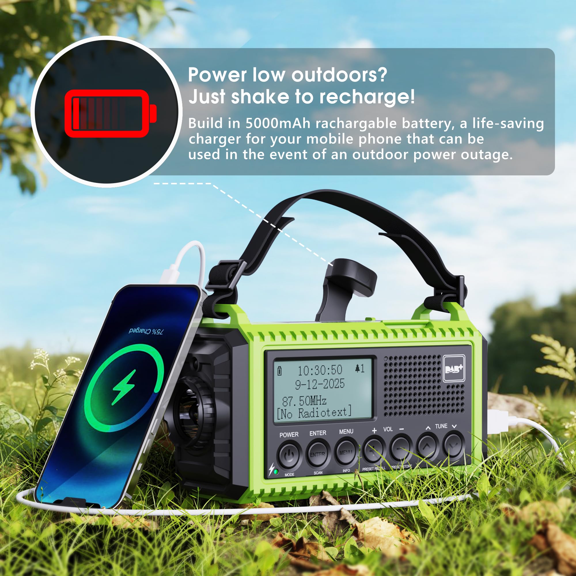 Radio korbowe DAB przenośne radio, radio korbowe z funkcją ładowania telefonu komórkowego, radio UKW/DAB Plus, akumulator 5000 mAh, do ponownego ładowania, awaryjna korbka radiowa, z latarką LED i lampką do czytania, alarm SOS na kemping
