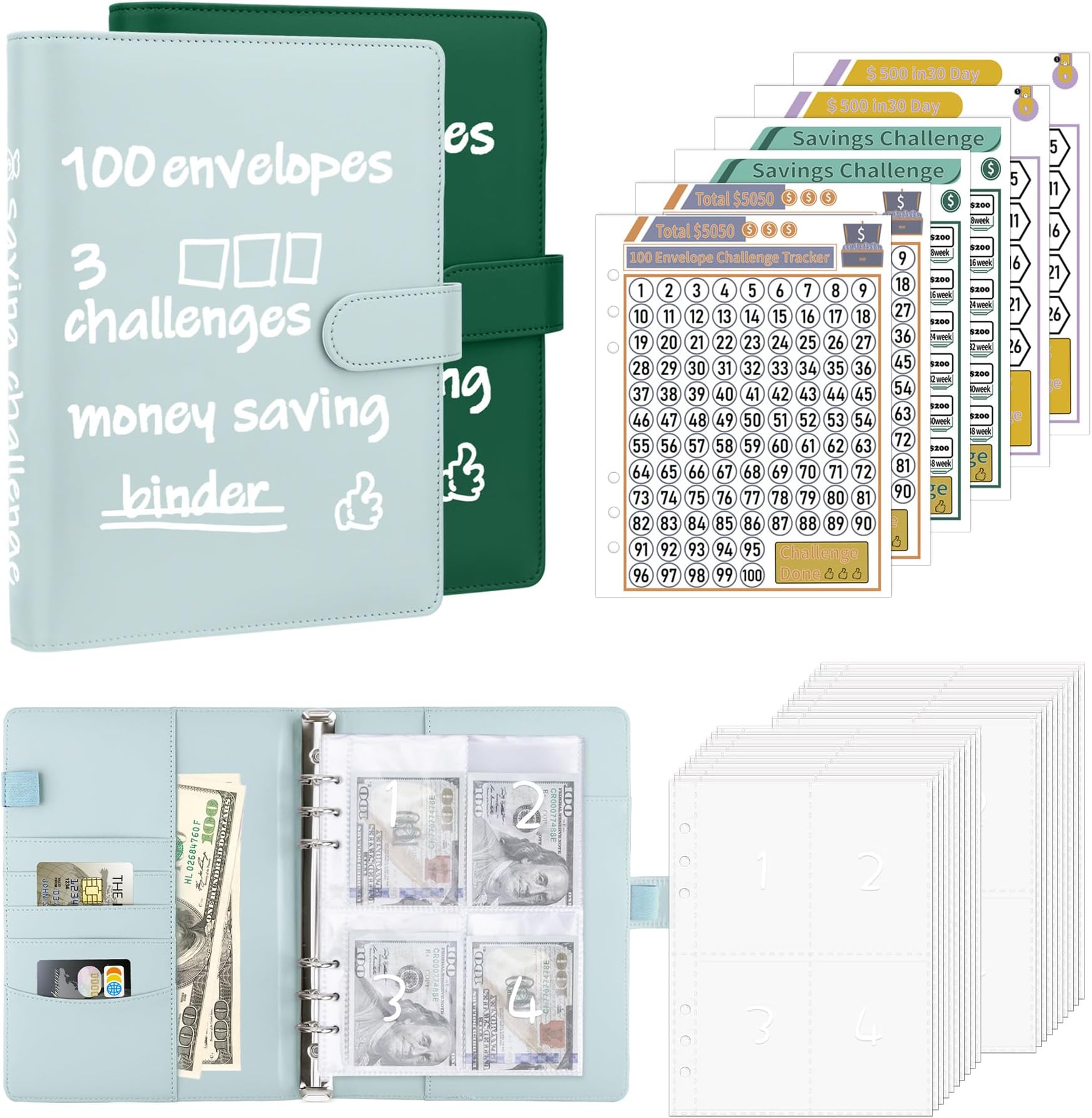 Antner (2 Sets) 100 Envelopes Money Saving Challenge A5 Budget Binder Savings Challenge Book with 200 Pre-Numbered Envelopes & 6 Trackers to Save $5,050, $500 and $10,000, Mint Blue & Dark Green