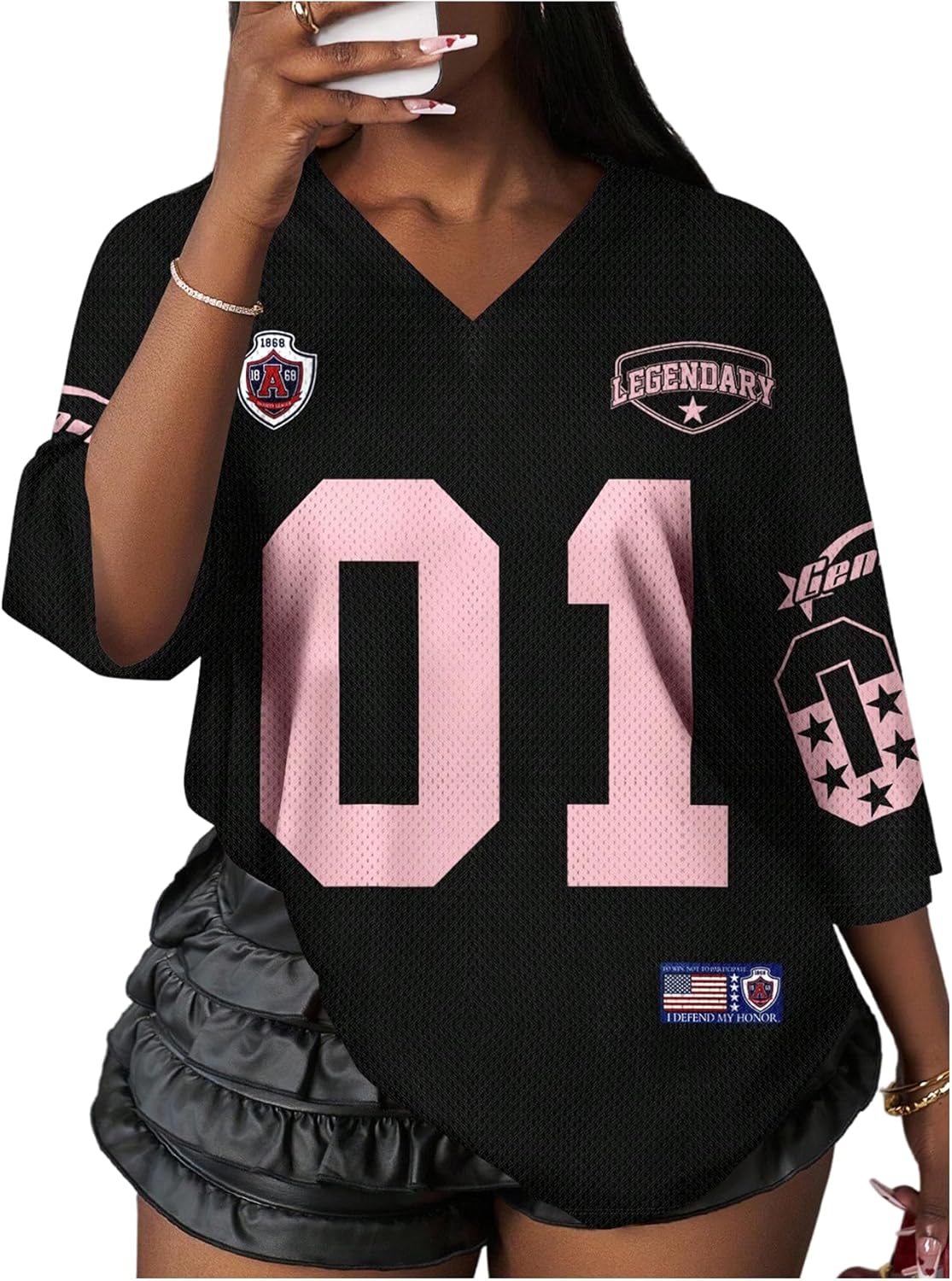 Women's Number Graphic Mesh Jersey Shirt V Neck 3/4 Sleeve Football Tee Tops Sportswear