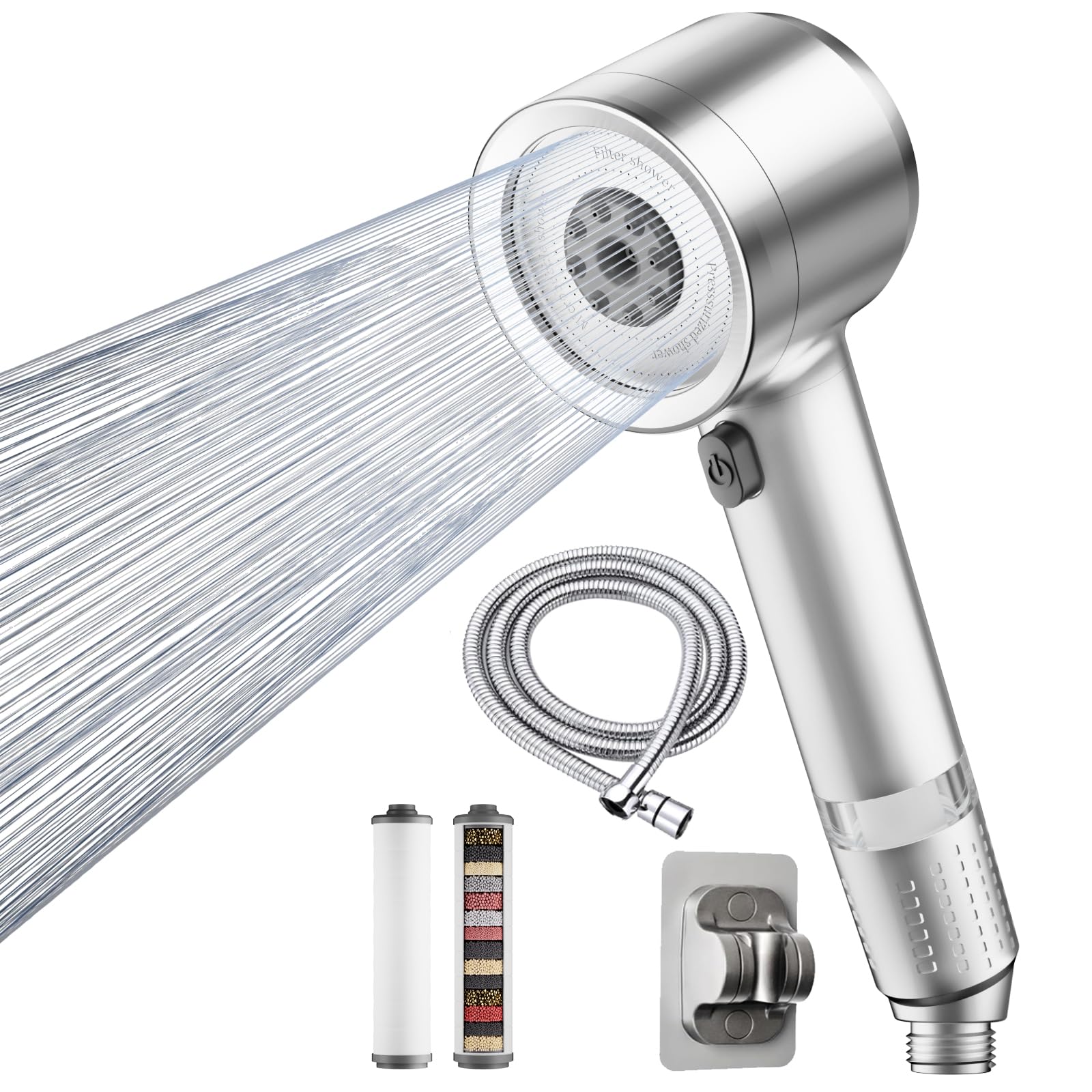 MEKO Douchekop met filter, hogedruk handdouche met 15-lagen filtratie, 1,5-m slang, 3 straalsoorten, spaardouchekop voor hard water, restchloor, bacteriën en zware metalen