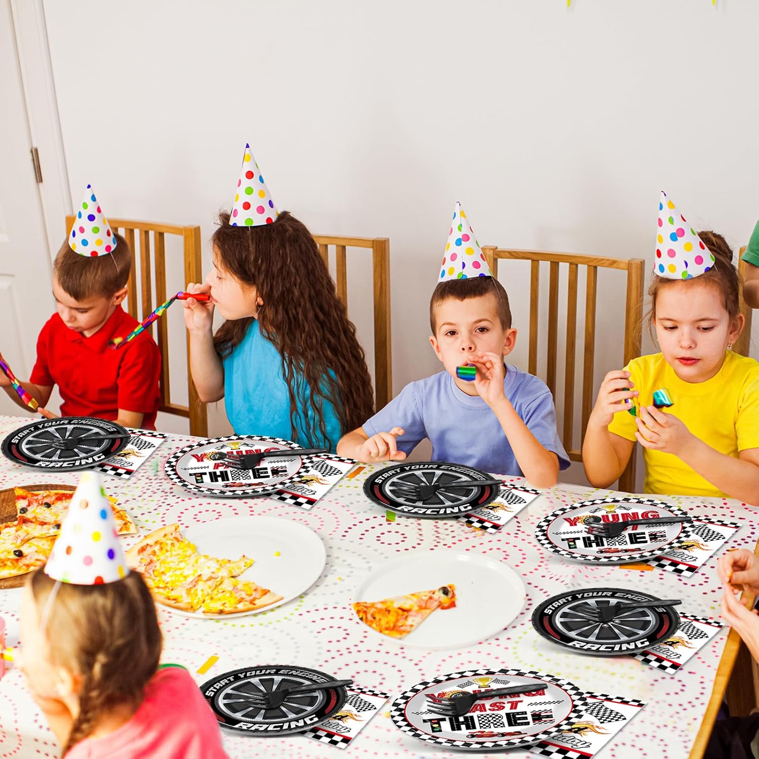 96PCS Race Car Themed 3rd Party Paper Plates and Napkins and Forks Set Young Fast Three Party Tableware Racing Checkered Flag Disposable Dinnerware for Kids Birthday Gatherings Decorations - Image 7