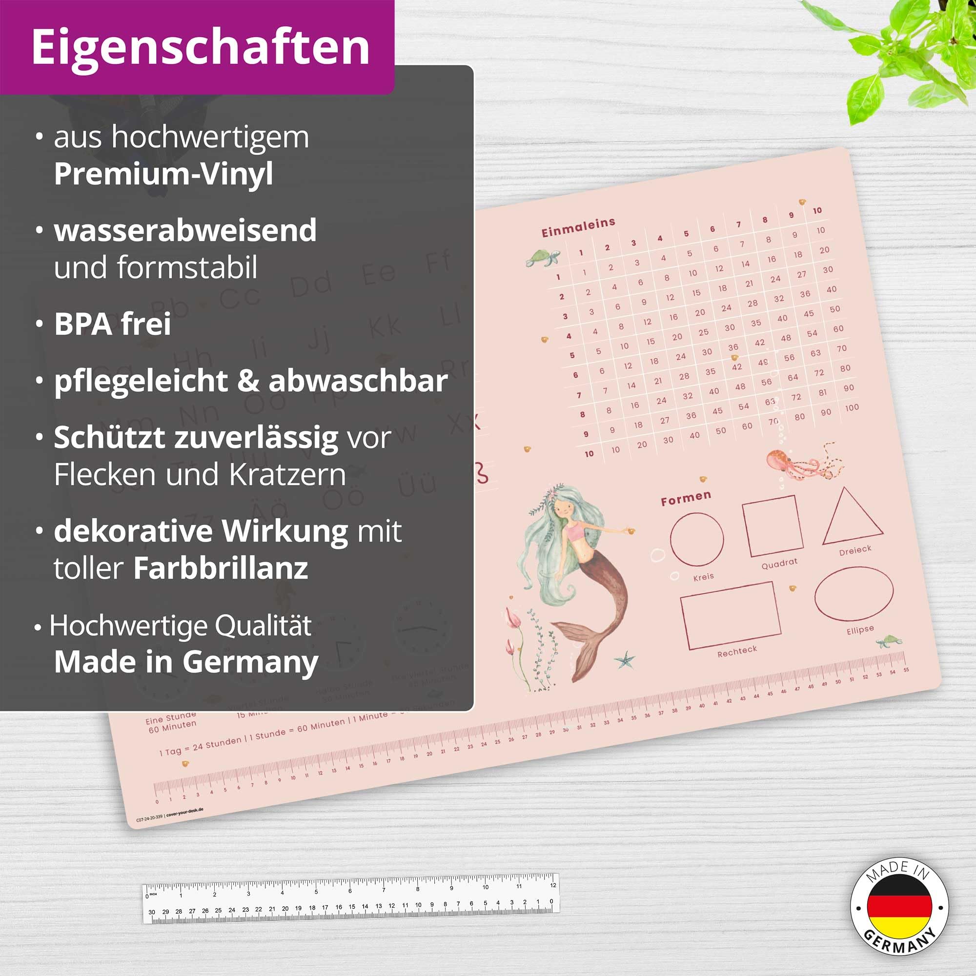 Pädagogische Schreibtischunterlage – Meerjungfrau Nixe – ABC & 1x1 – 60x40 cm – abwischbares Premium-Vinyl – Lernunterlage von Lehrern zur Einschulung empfohlen – Made in Germany