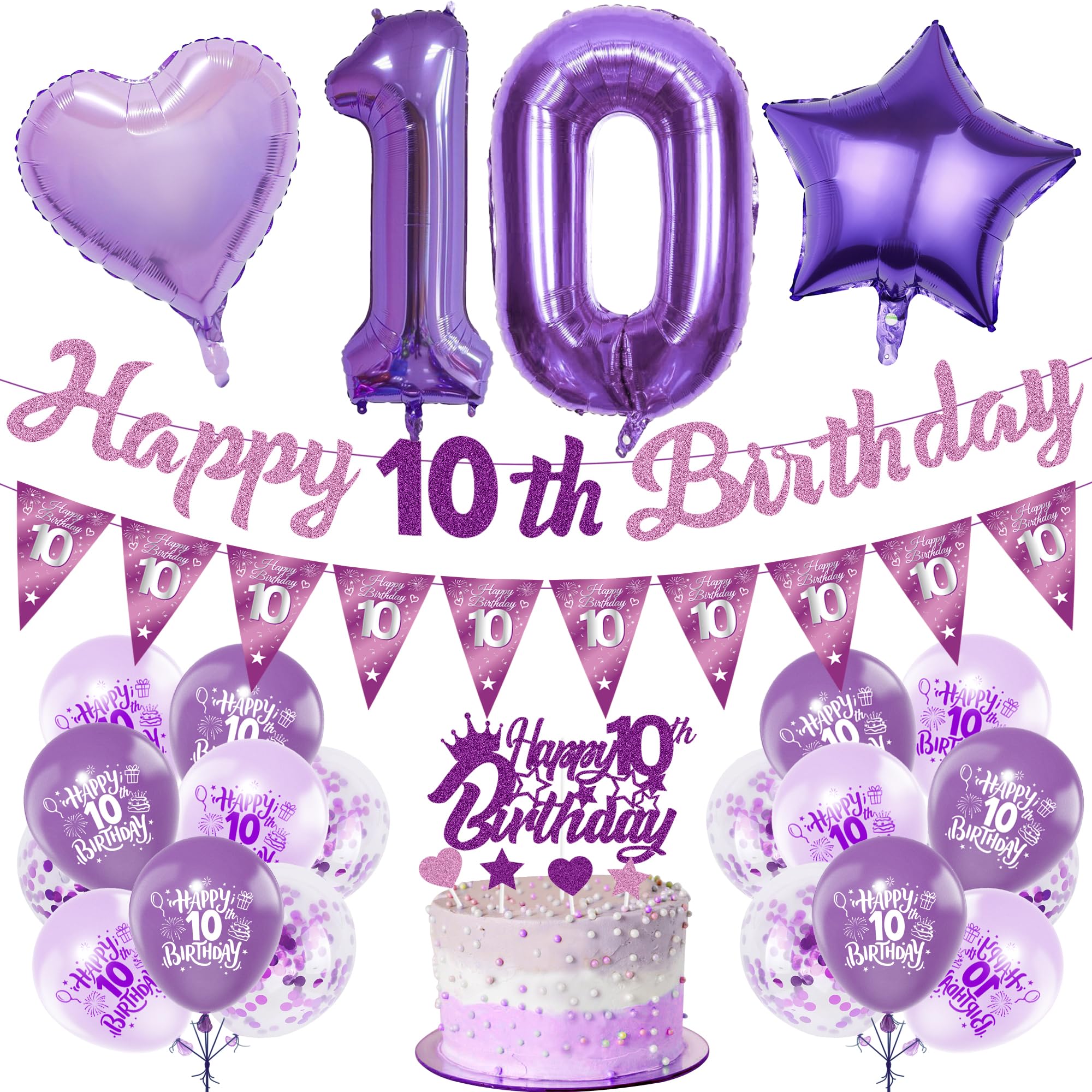 10th Birthday Decorations Double Digits - 29 Pcs Purple 10 Bday Banners Bunting Flag Cake Topper Heart Star Foil Latex Number 10 Balloons for Her 10 Years Old Girls Happy Supplies Decor