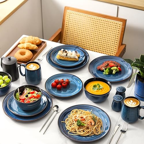 Miniatura 7 de Hasense Juego de platos y cuencos, vajilla de cerámica esmaltada reactiva de 12 piezas, servicio de platos resistentes a las astillas y a los