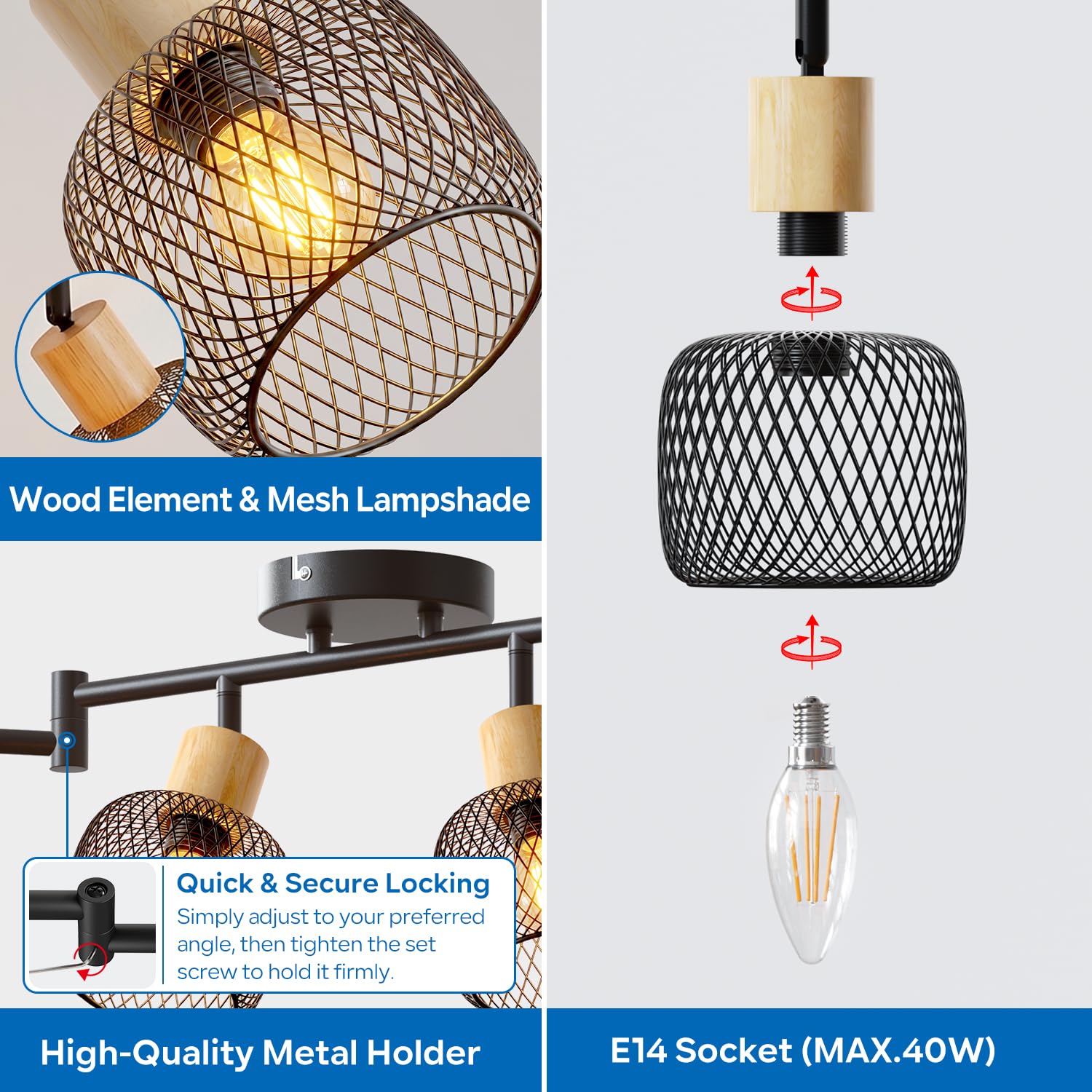 ANWIO Deckenstrahler 6 Flammig Schwarz – Deckenleuchte Industrial Holzdetails & Apfel-Drahtkorb – Lange Schwenkbare Lampe E14 für großes Wohnzimmer & Esszimmer (Ohne Leuchtmittel)