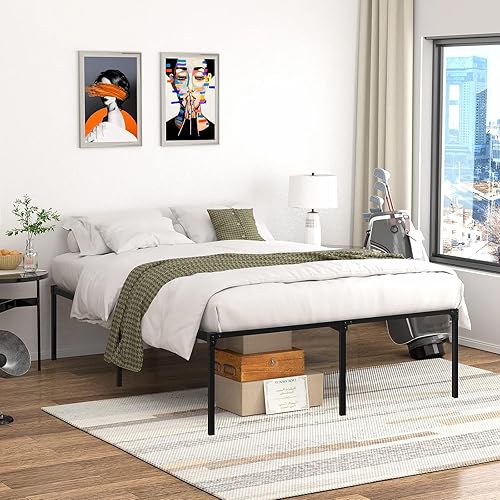 Miniatura 7 de BLKMTY Marco de cama de metal, tamaño Queen, plataforma de metal, base de colchón, soporte de hasta 1000 libras, soporte de cama de listones de