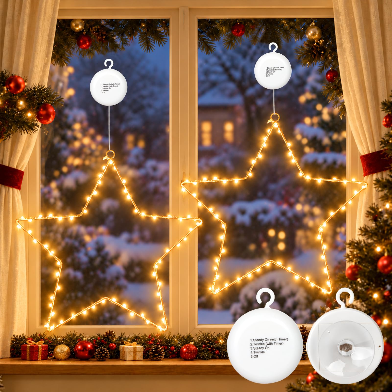 2 Stück Batterie Sterne Weihnachtsbeleuchtung Fenster mit Timer Saugnapf | Timer, 5 Modi, Metall, Wasserdicht, Innen Außen Kinderzimmer Weihnachten Party Weihnachtsstern Fenste Deko,Warmweiß