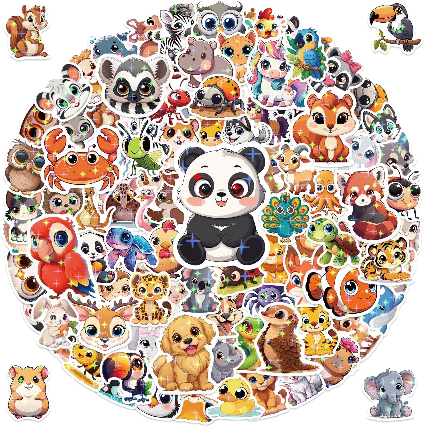 210PCS Holographic Animal Stickers for Adults - Cute Big-Eye Animal Stickers Unique Shining Designs for Water Bottles, Laptops, Scrapbook, Classroom, Teacher Prizes