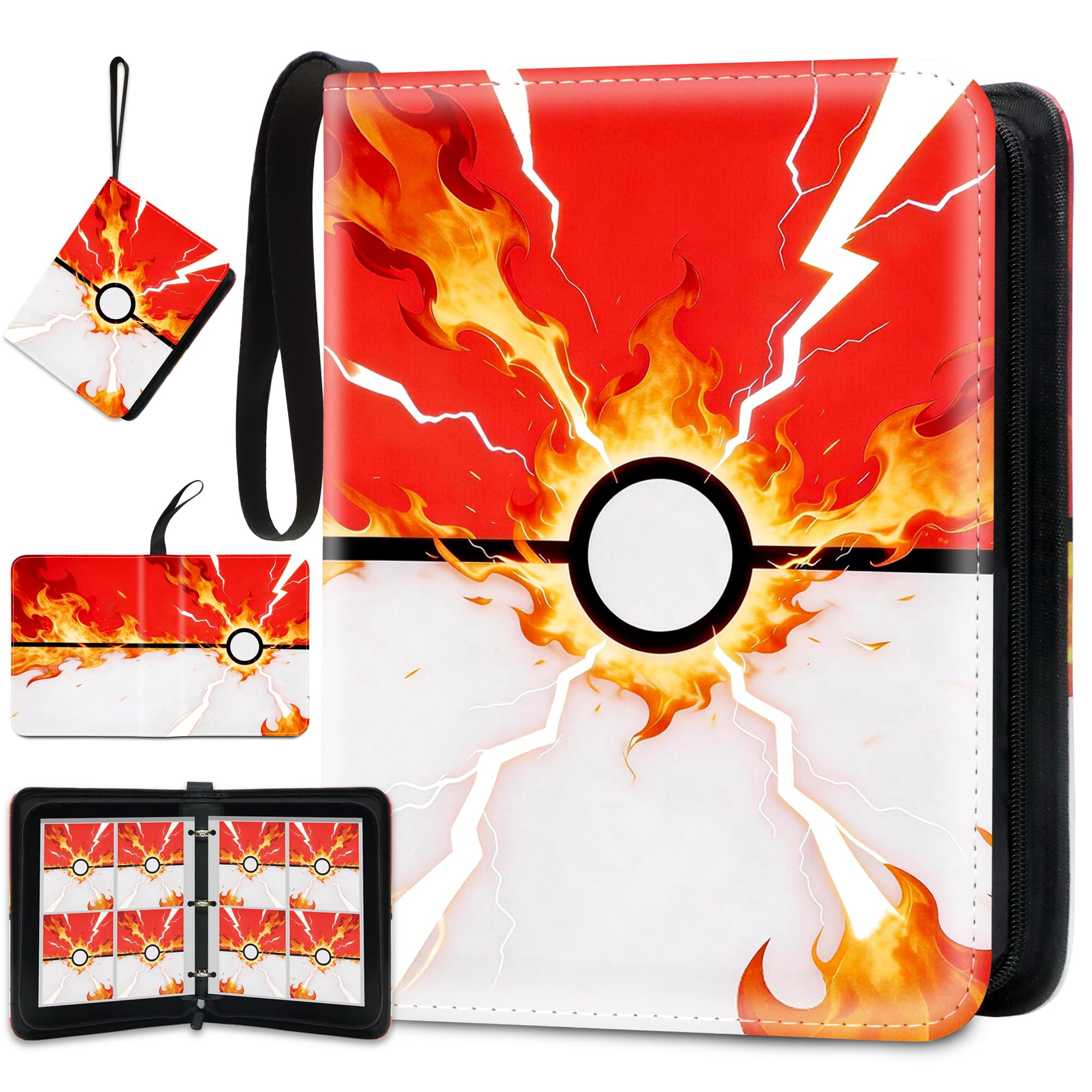 Card Binder 4 Pocket, Sammelkartenbinder Halten 440 Karten mit 55 Abnehmbare Kartenhüllen, 3 Ringbuch Reißverschluss Kartenhalter Kartenbuch Album Kompatibel mit Pokemon Card Binder, TCG, MTG