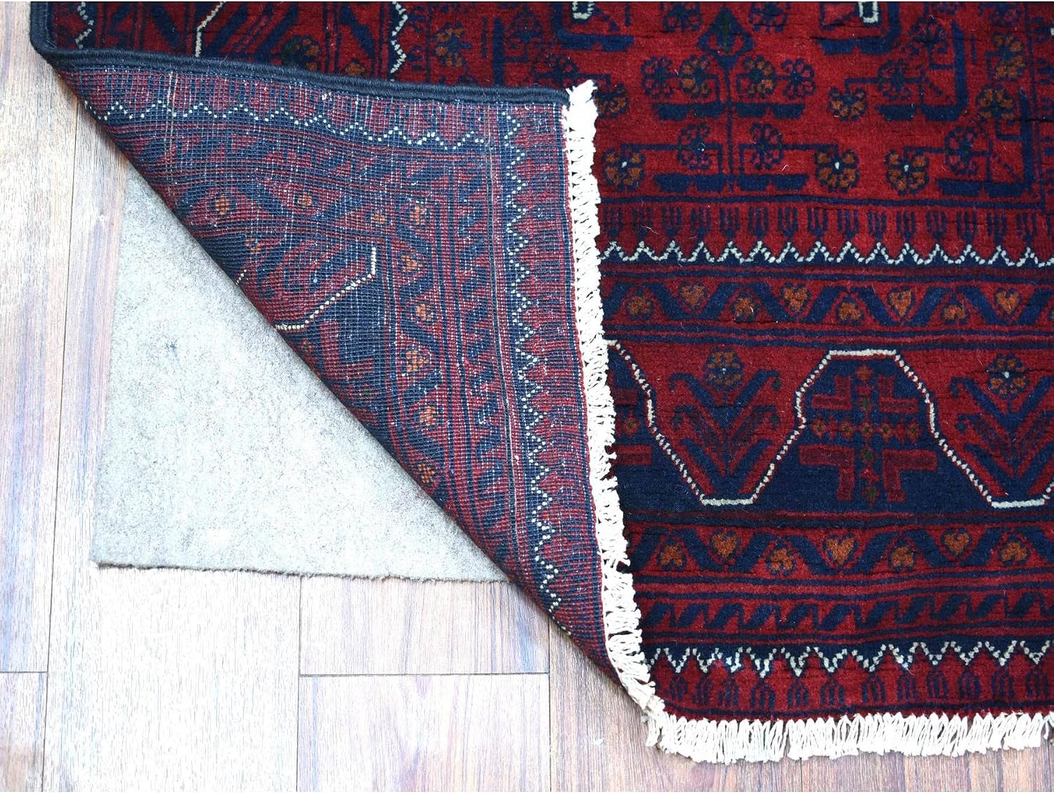 Deep and Saturated Red with Touches of Navy Blue Afghan Khamyab with Geometric Design Soft Wool Hand Knotted Runner Oriental Rug (3'x9'3")