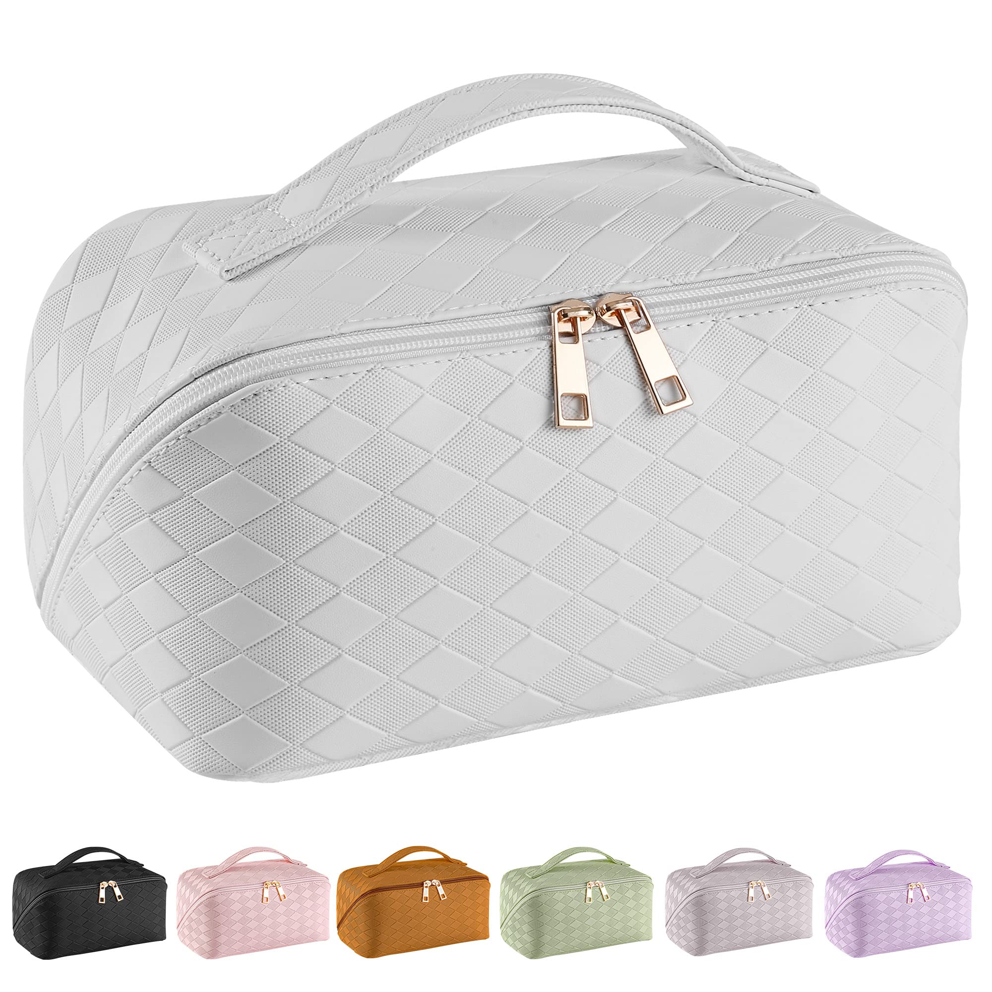 Large Capacity Travel Cosmetic Bag - Waterproof Makeup Bag, PU Leather, White, Women's Travel Makeup Organizer Bag, White