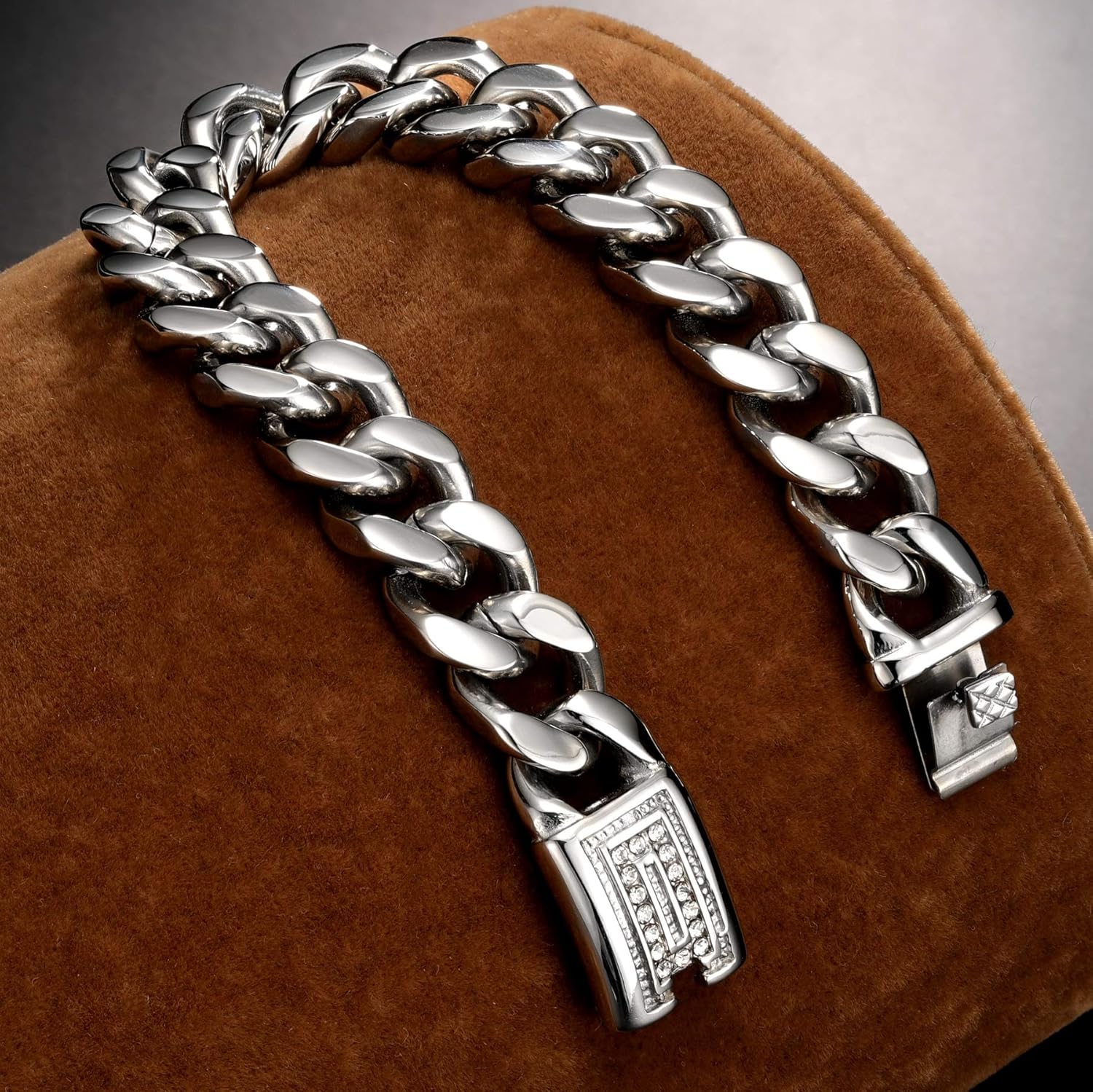 ROWIN&CO Cuban Link Bracelet Mens Silver White 15mm Thick Stainless Steel Curb Chain Bracelet, Hip hop Jewelry Wrist Chain, with Diamond Clasp, 8-9 inch.
