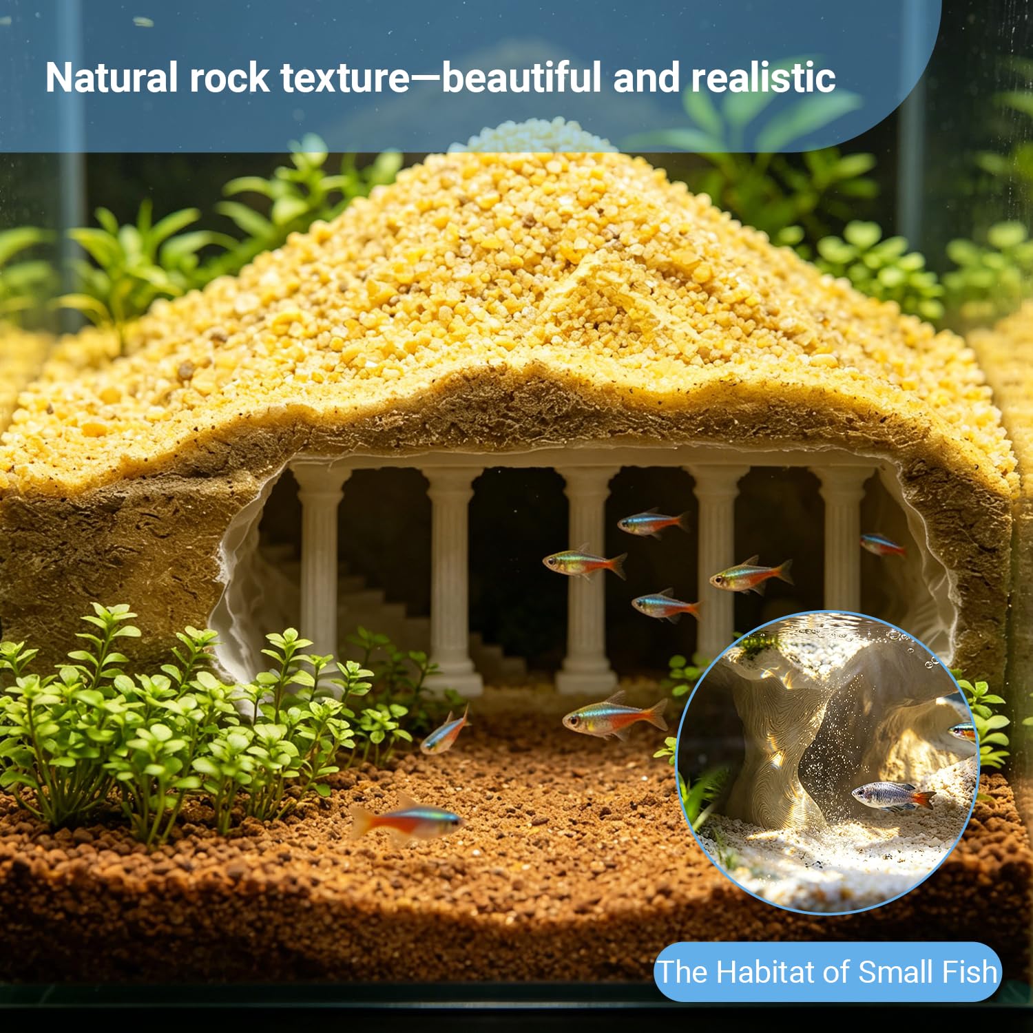 Cachette Aquarium Effet Bois – Tunnel Aquarium Souterrain 3D pour Wels & Crevettes, Grotte Multi-Chambres pour Poissons, Décoration Aquarium Naturelle pour Eau Douce (S)