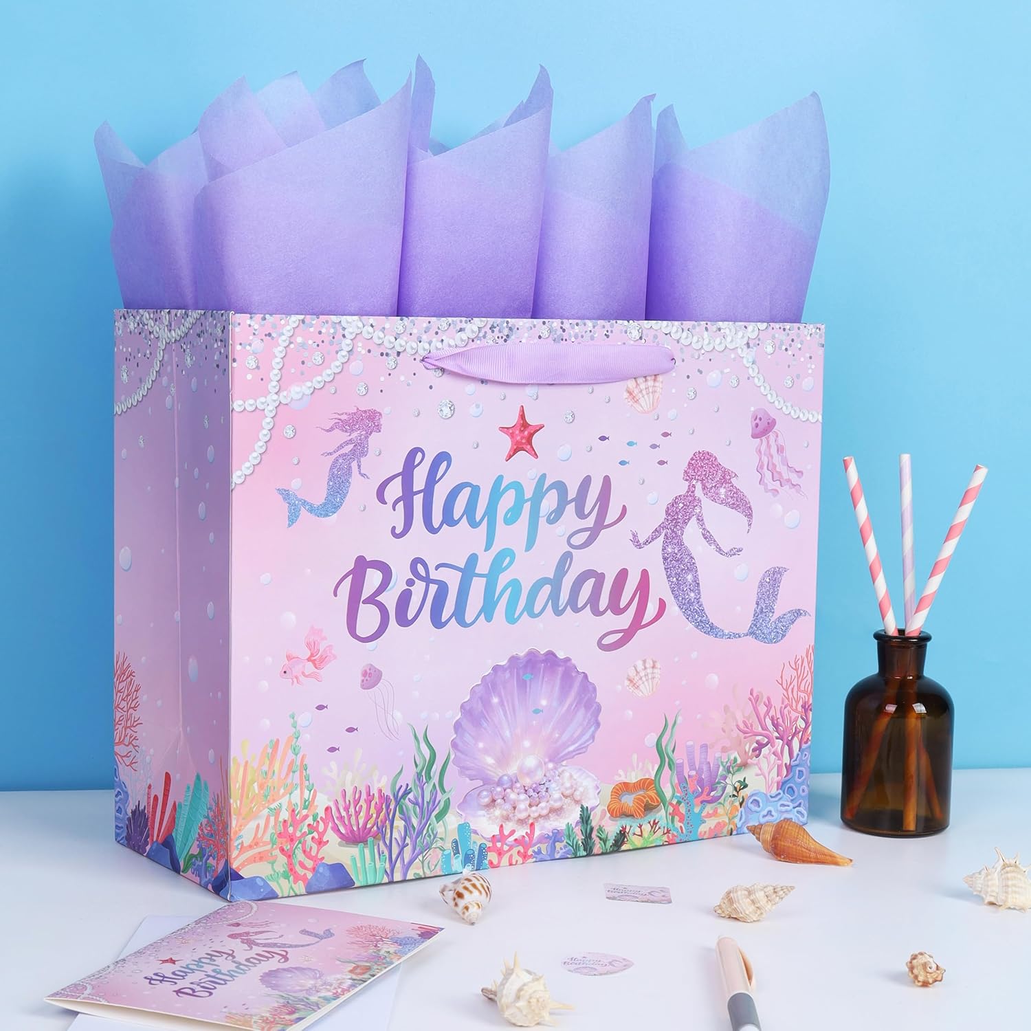 wishinside 13'' Large Mermaid Birthday Gift Bag Set with Handles, Greeting Card, Tissue Papers and Stickers for Kids Girls Teens Women for Birthday, Baby, Mermaid Design, 1 Pcs image 5
