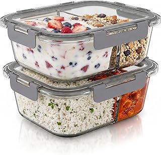 Arendo - Glas Frischhaltedosen Vorratsdosen für Lebensmittel mit Deckel luftdicht - 2 Fächer - 2er Set - 1500 ml - für Mikrowelle Gefrierschrank - Spülmaschinen geeignet - Lunchboxen Meal Prep Boxen